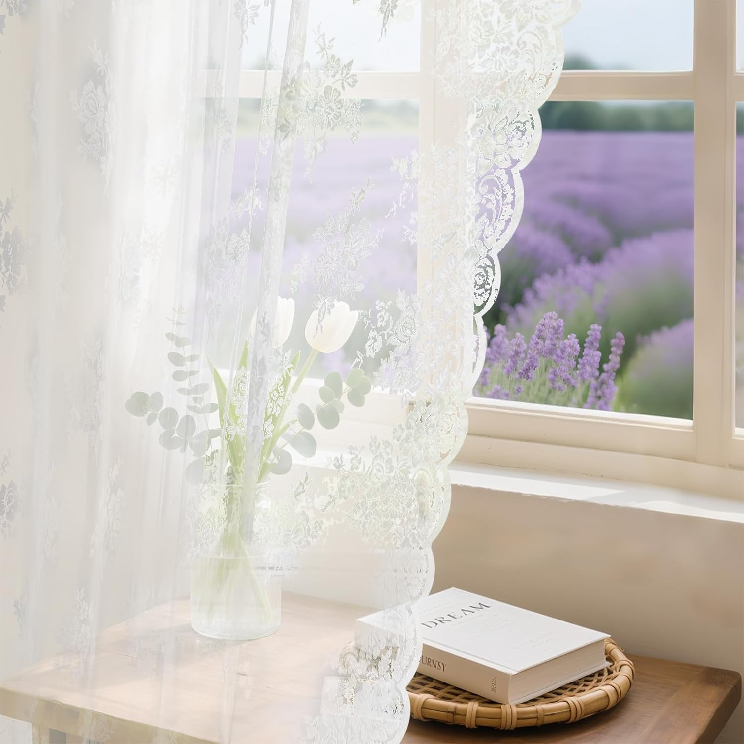 Neween Sheer Curtains White Floral Lace Curtains Rod Pocket Window Curtains Drapes for Short Curtains Bedroom, Each W145 X D160 Cm, Set of 2 Panels image number 1