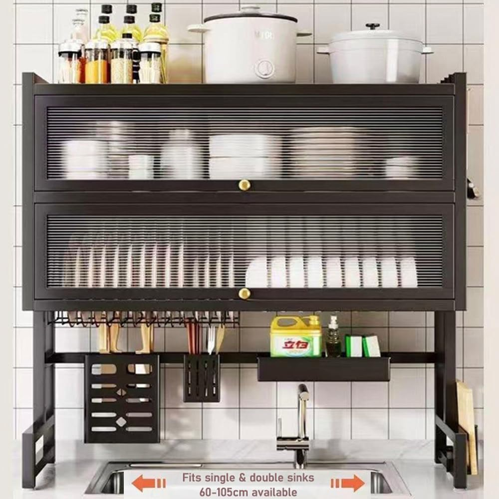 3-Tier Kitchen Drain Racks Dish Drying Fits over Sink. Saves Kitchen Space, Multi-Functional Dustproof Storage. Suitable for 50-100Cm Sinks. Includes 6 Hooks, Utensil Holder & Cutting Board Rack. image number 5