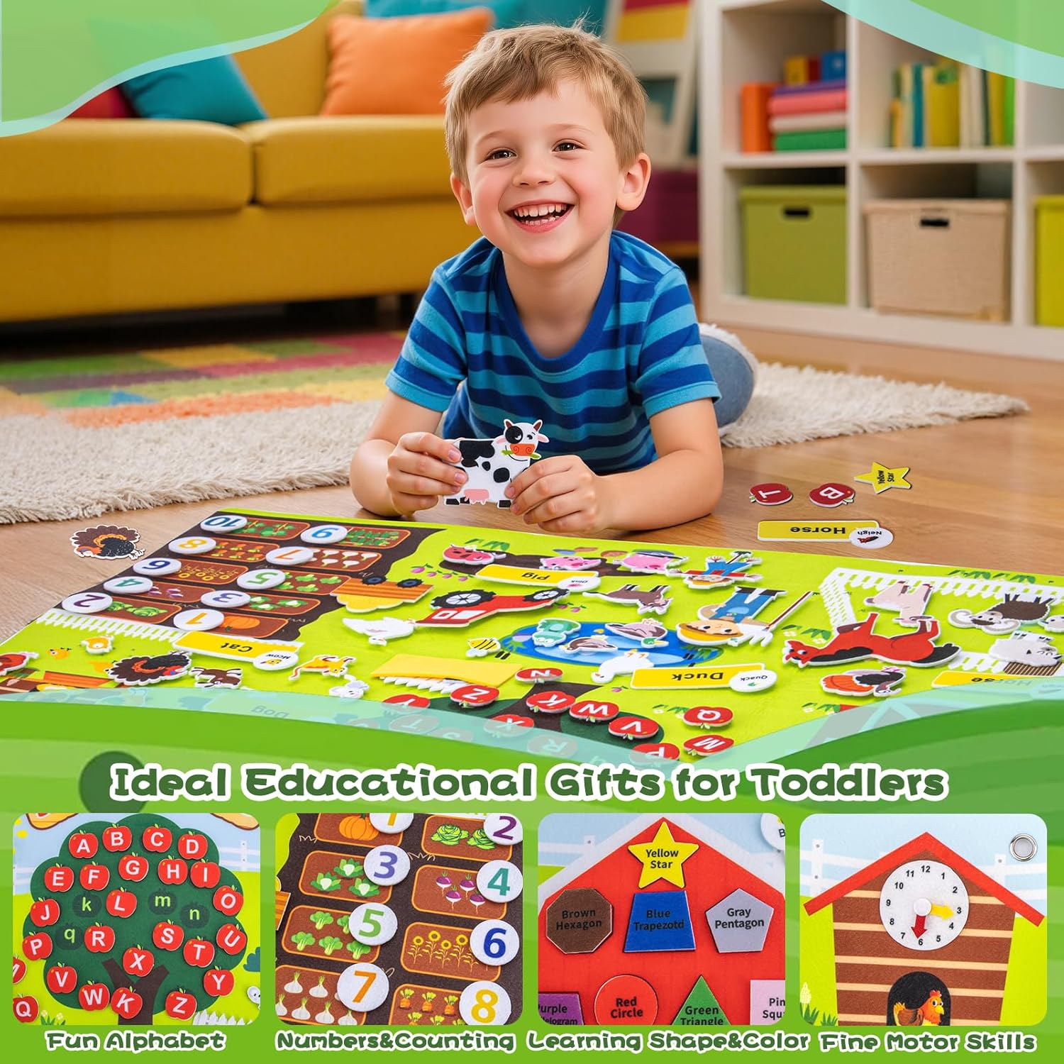 Farm Animals Felt Story Board Set &ndash; 99 PCS Interactive Felt Busy Board for Toddlers, Preschool Wall Busy Toys, Montessori Educational Wall Panel for Kids, Early Learning Flannel Storytelling Kit image number 1