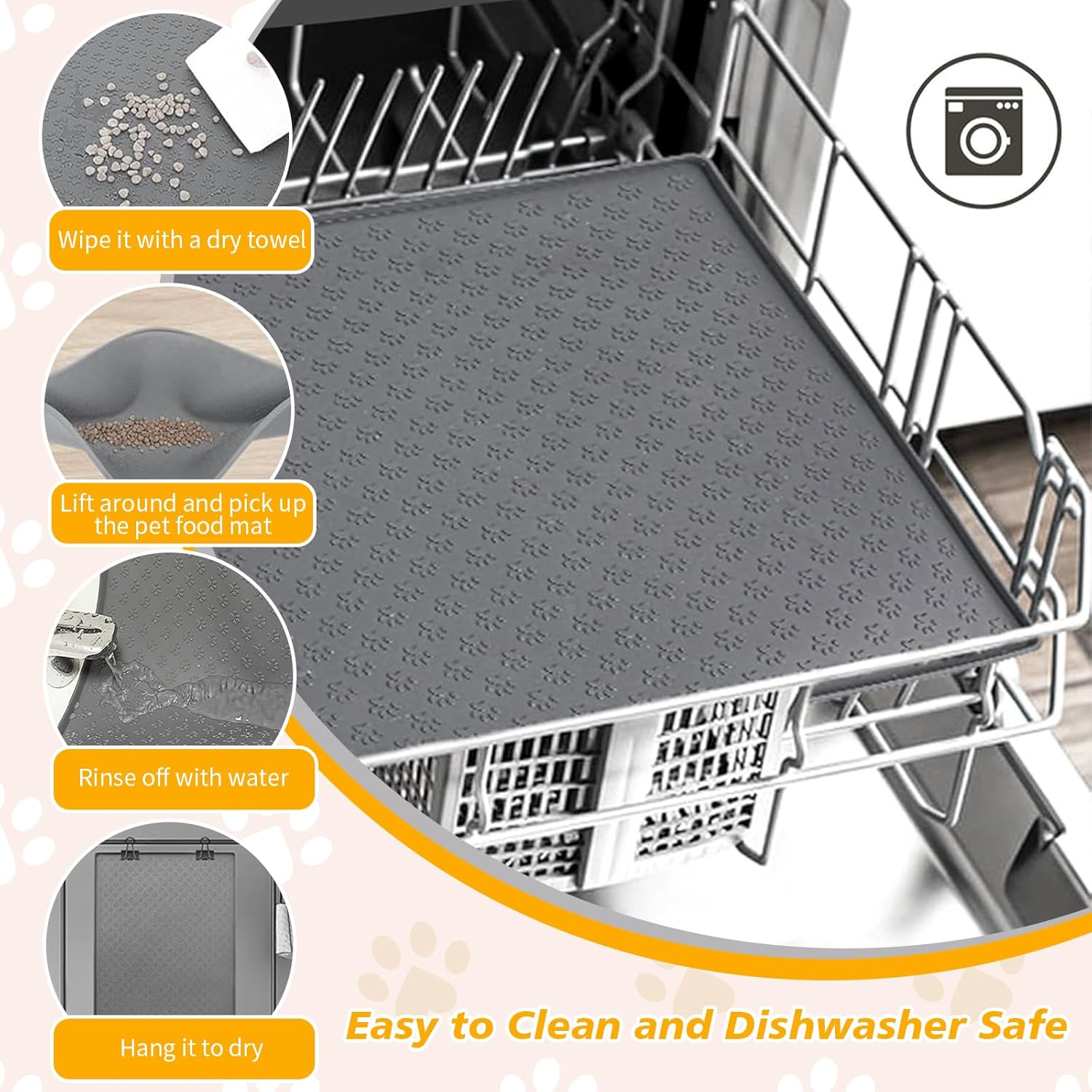 Silicone Waterproof Pet Feeding Mats - Non-Slip Dog & Cat Food Mat with Paw Pattern, Easy Clean Placemat Tray to Prevent Food/Water Residues & Overflow (Pink)