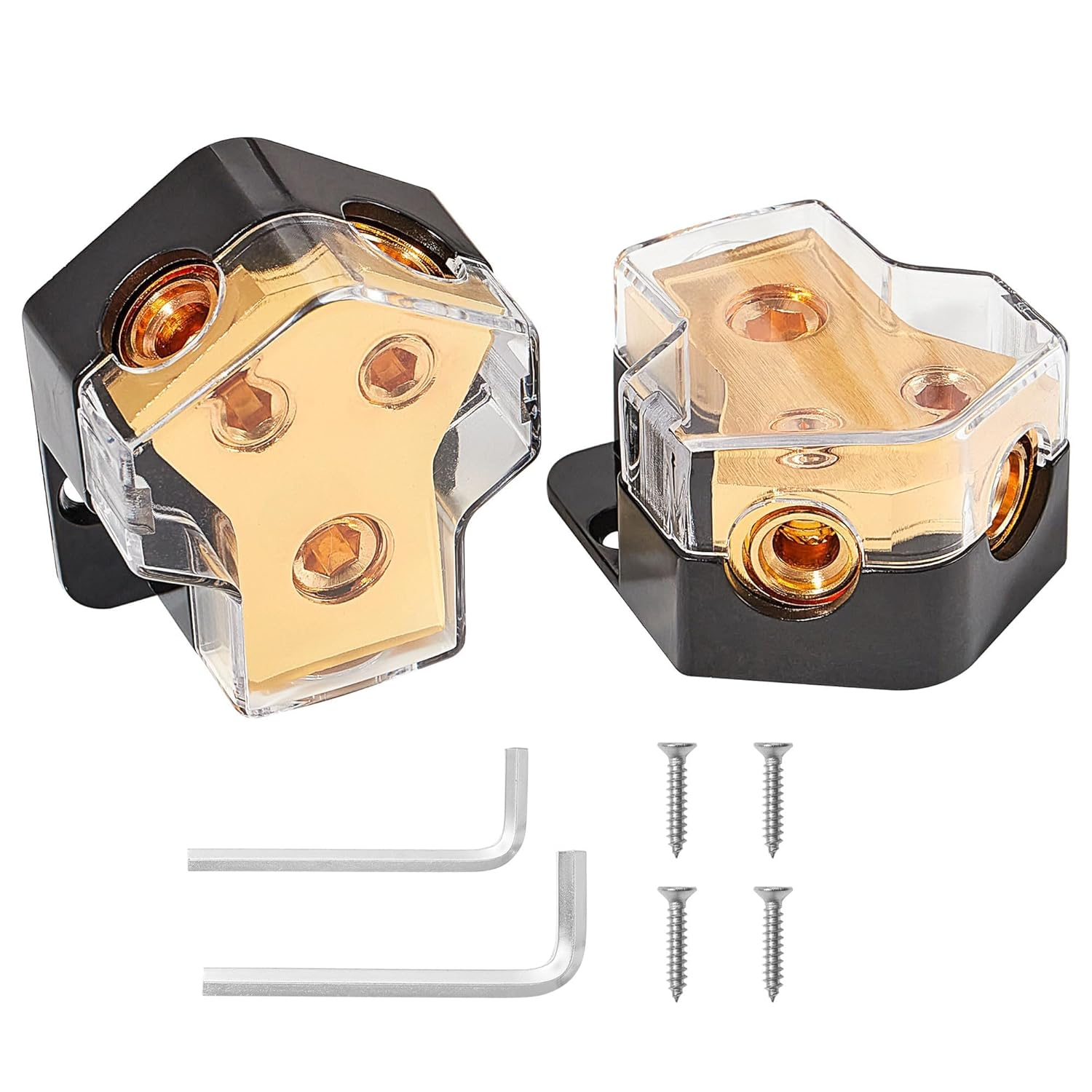 Nuith 2PCS 2-Way Copper Power Distribution Block, 0/2/4 Gauge in 4/8 Gauge Out Auto Car Audio Distribution Connecting Block, 2 Way Ground Distribution Block Copper for Audio Amplifier Splitter