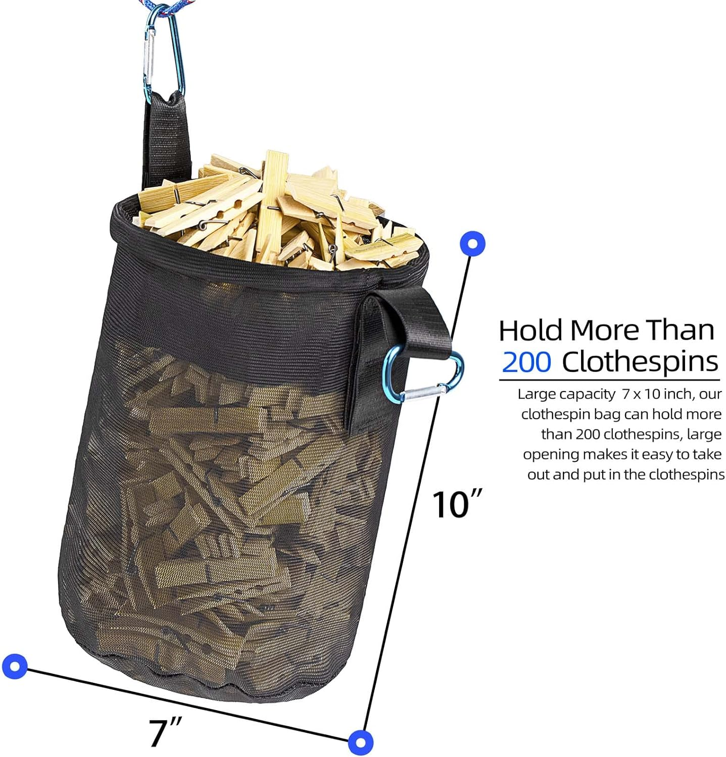 Mesh Clothespin Bag Holder Outside, Multiple Hanging Methods Clothes Pin Bag with Drawstring Closure, Ventilation and Moisture Resistance, Large-Capacity Clothespin Storage Organizer with Hooks image number 3