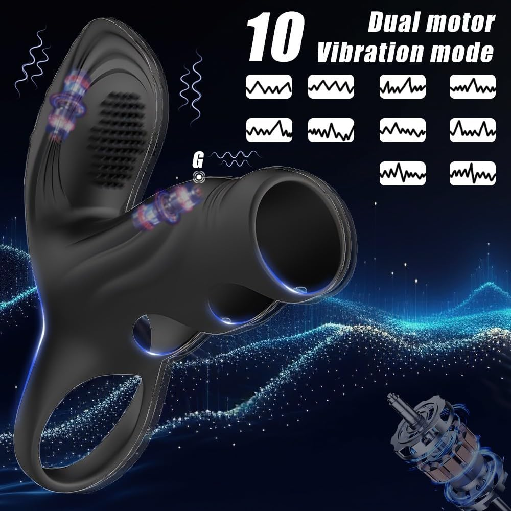 LONZYON Vibrating Penis Sleeve Cock Ring with Clitoral Stimulator, Penis Ring Vibrator Extender for G Spot Stimulation, Couples Adult Sex Toys for Men Women, Girth Enhancer Sleeve Male Couple Sex Toy (Black) image number 4