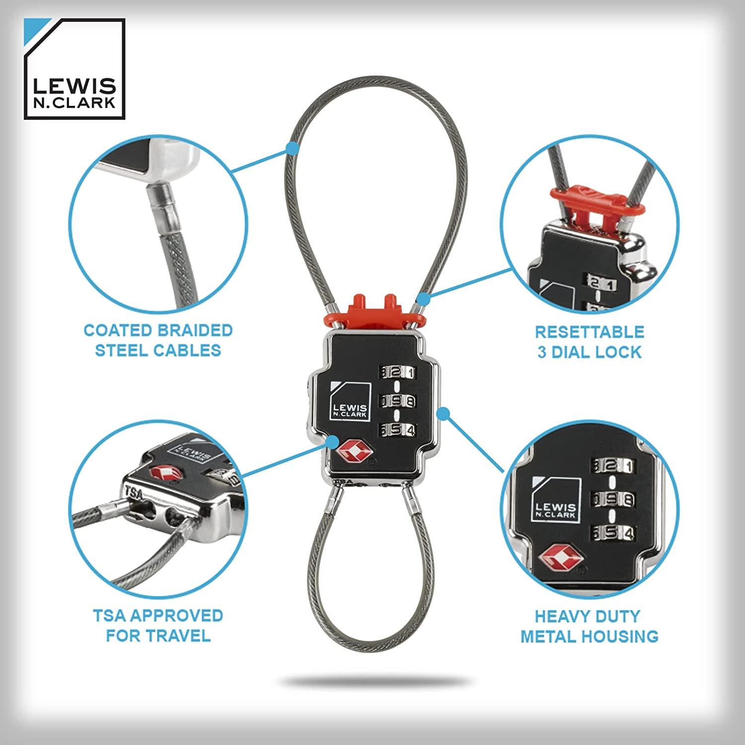 Lewis N Clark Triple Security Lock: TSA Luggage Locks for Suitcases, Carry On, Laptop Bag & More, Set Combination Lock to Create Secure Padlock for Travel, Vacation, Business, or Backpacking - Blue image number 2