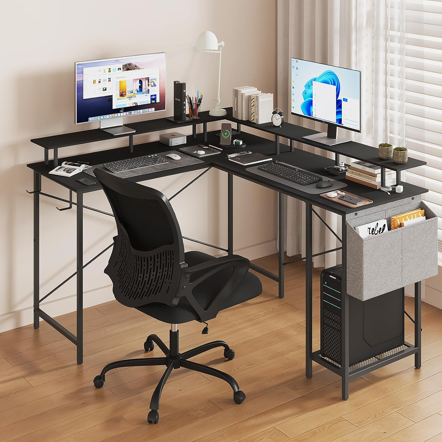 Advwin L Shaped Gaming Desk with LED Lights & Power Outlets Computer Corner Desk with Monitor Stand Gaming Table with Hook White