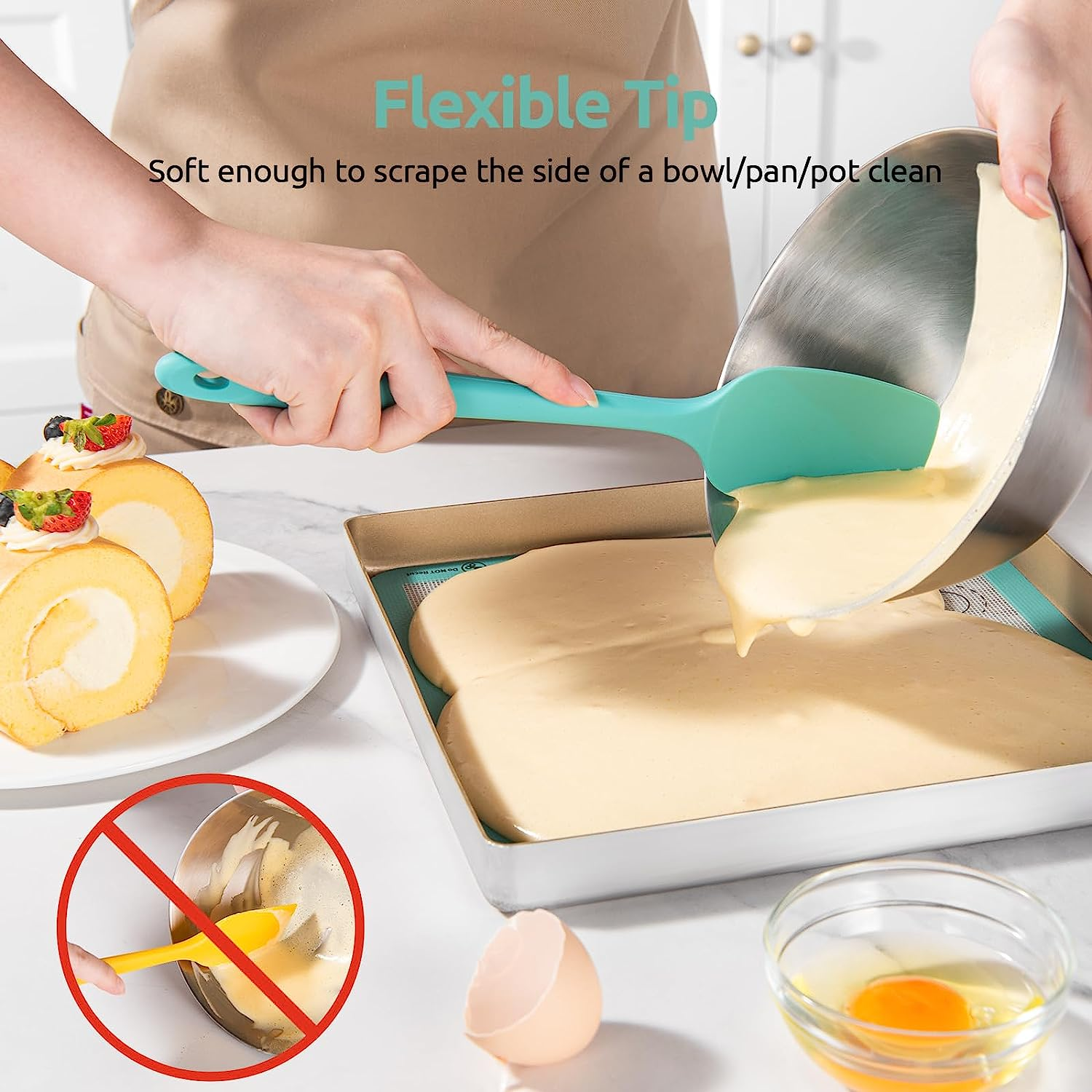 315℃ Heat Resistant Silicone Spatula: U-Taste High Heat Proof Flexible Bpa-Free Non-Stick Bowl Scraper, Seamless Rubber Kitchen Utensils for Baking Cooking Mixing Cookware Set of 4 (Teal/Aqua Sky) image number 5