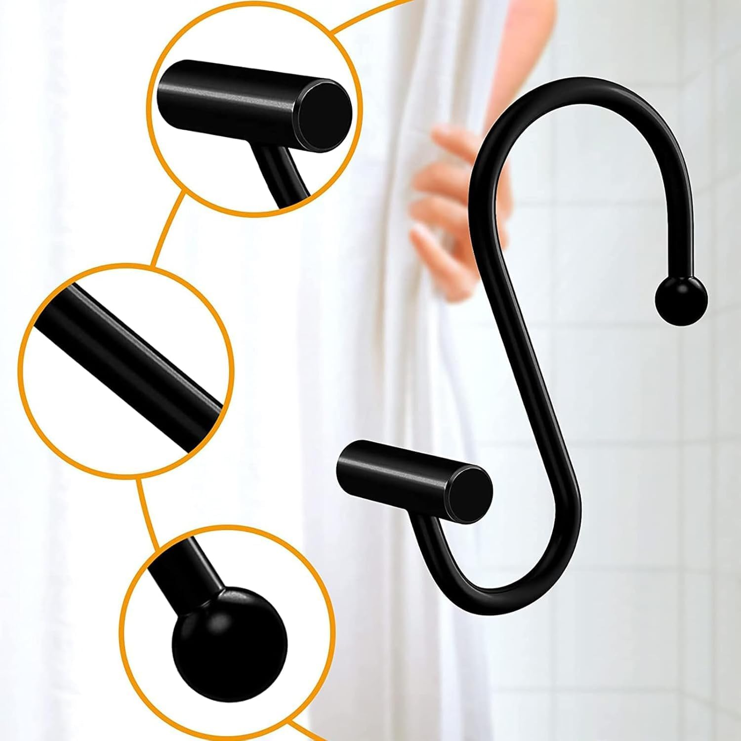 12 Pack Shower Curtain Hooks,Black Shower Curtain Hooks, Metal Durable Rust Proof, Smooth Glide S Hook for Bathroom, Shower Hook for Spa Center, Kitchen & Wardrobe S Hooks for Hanging (Black) image number 5