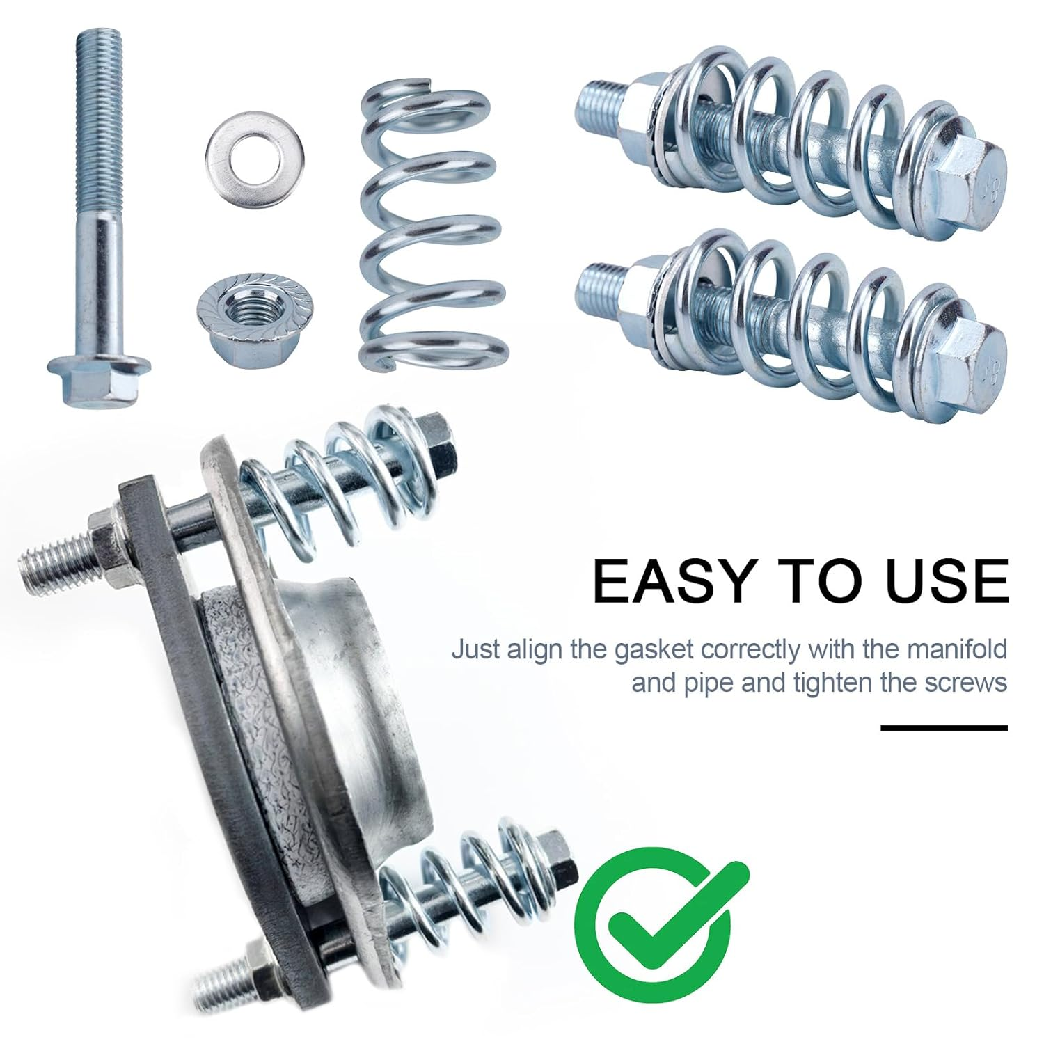 2Pcs Exhaust Manifold Gasket & 2 Bolts Kit, High-Temp Sealed Donut Gasket with Shock Absorbing Springs for Car, Truck, SUV Exhaust System Repair (54Mm) image number 4