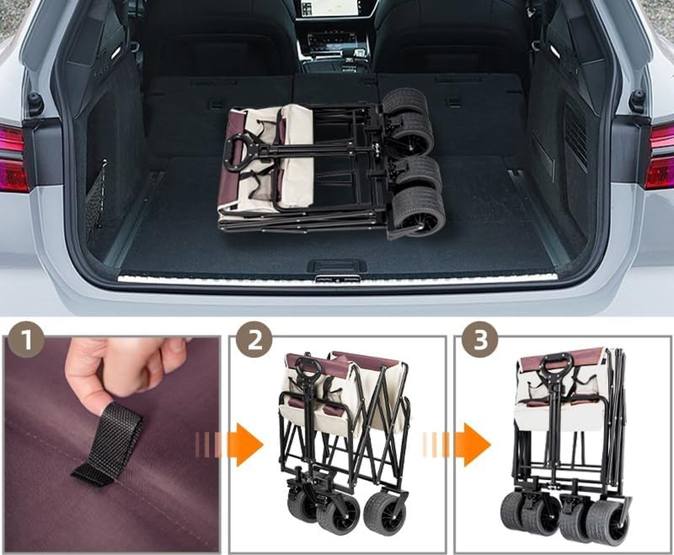 Extra Long Collapsible Foldable Wagon with Big Wheels, Heavy Duty Folding Wagon Portable, Beach Cart Large Capacity, for Shopping, Camping (Black, 120 X 55 X 98 Cm with 7 * 4 Inch Wheels)