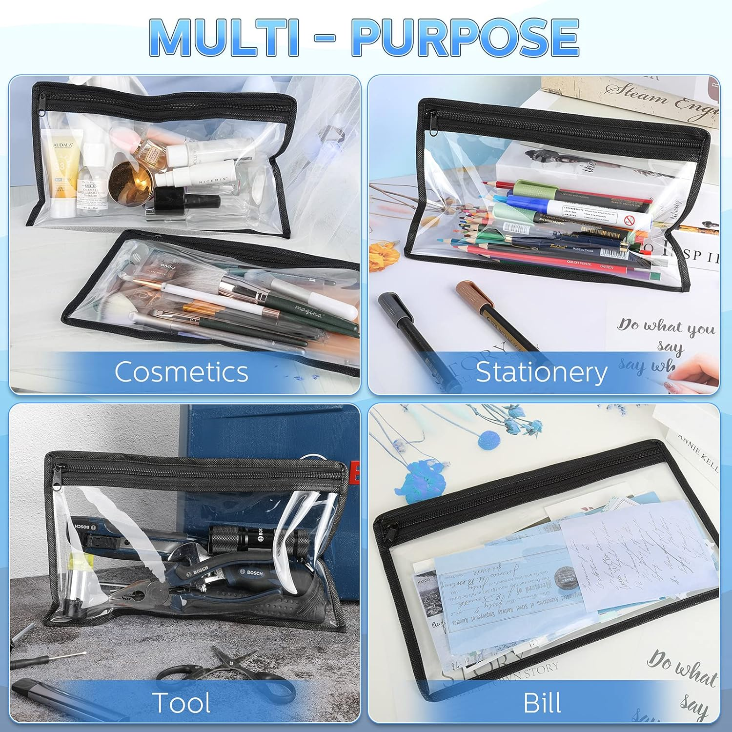 8 Pieces Clear Zipper Pouches Pencil Pouches PVC Makeup Pouch Envelopes Folder Storage Multi Purpose Pouch Document File Organization Bags, Office Supplies (Black Edging, 11.5 X 7 Inches) image number 3