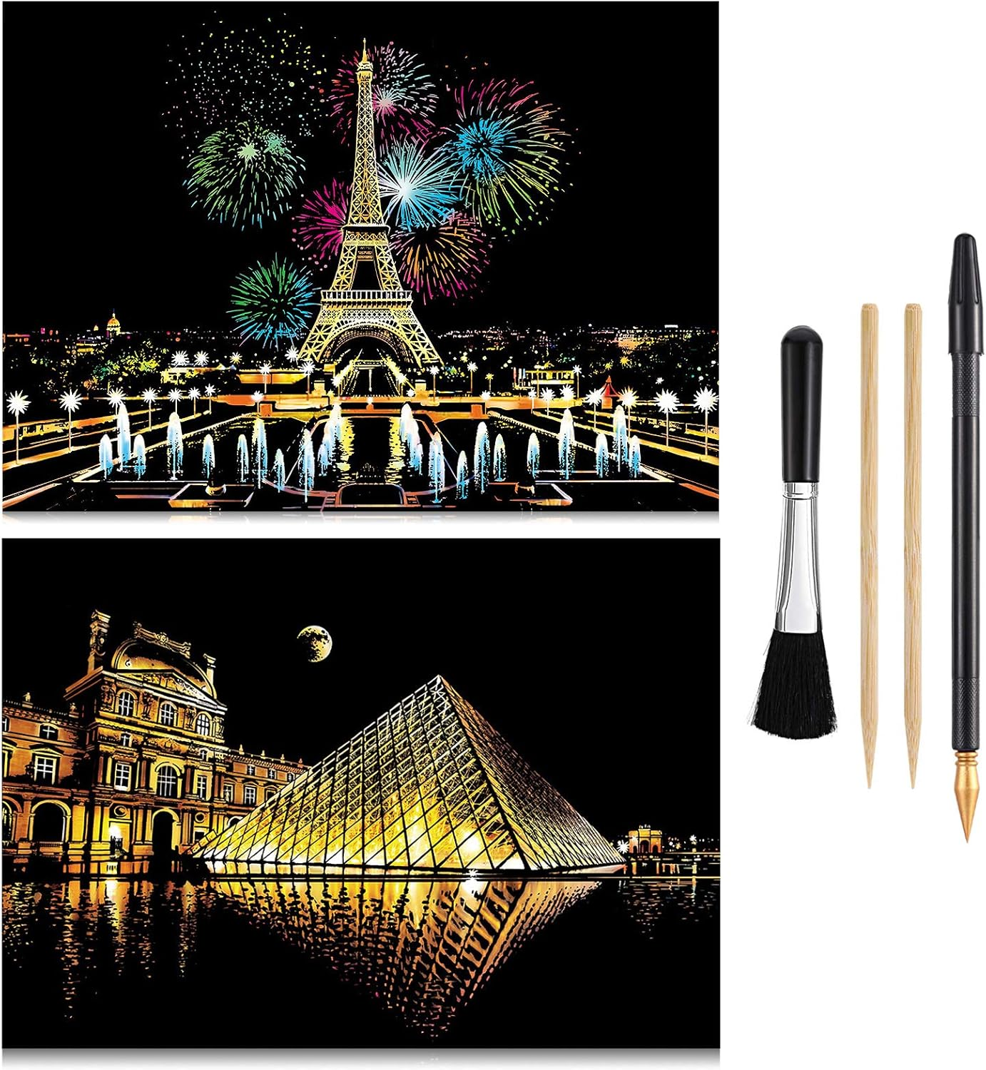 MIASTAR Scratch Paper Rainbow Painting Sketch Pads DIY Art Craft Night View Scratchboard for Adults and Teens - Scratch Painting Creative Gift - 2 Packs & Pen, Clean Brush, 16&rdquo; X 11.2&rdquo; (Paris/Louvre) image number 2