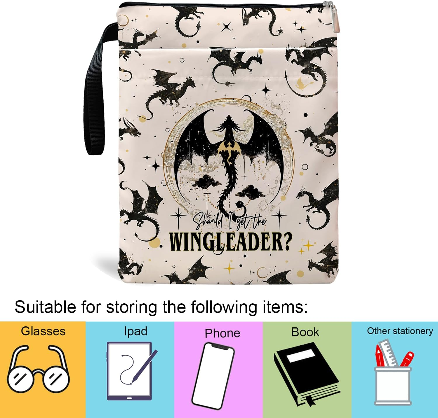 Fourth Wings Inspired Book Sleeve, Book Sleeves with Zipper, Dragon Book Sleeve for Book Lovers, Book Pouch Kindle Protector, Gifts for Women Teacher Librarian Bookworm Bookish (White-A, Large) - White-B image number 6