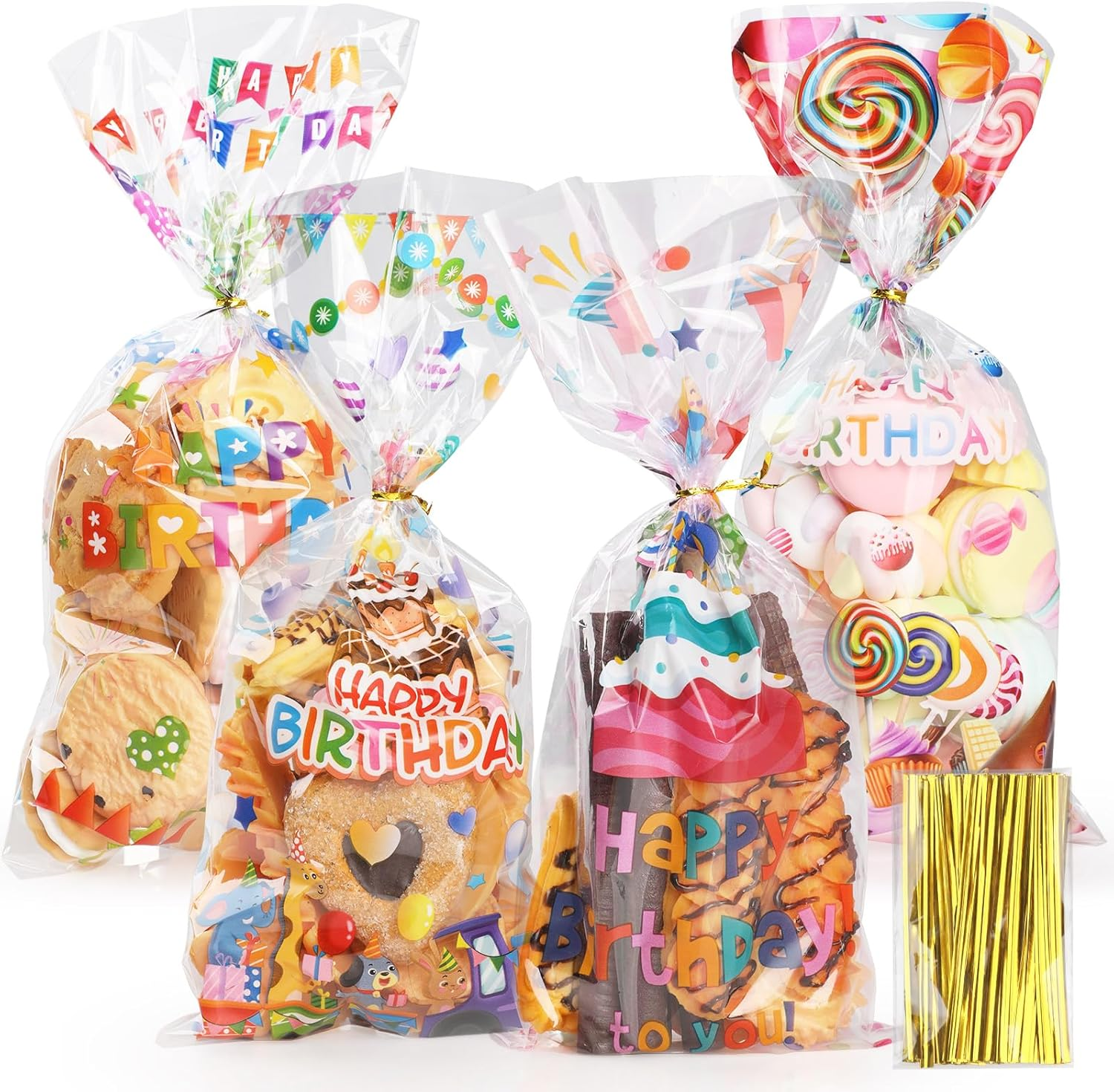 Bigqin 100Pcs Cellophane Treat Bags for Birthday 4 Patterns Plastic Candy Cookie Bags with Twist Ties Happy Birthday Party Favor Bags Goodie Bags(27 * 12.5Cm)