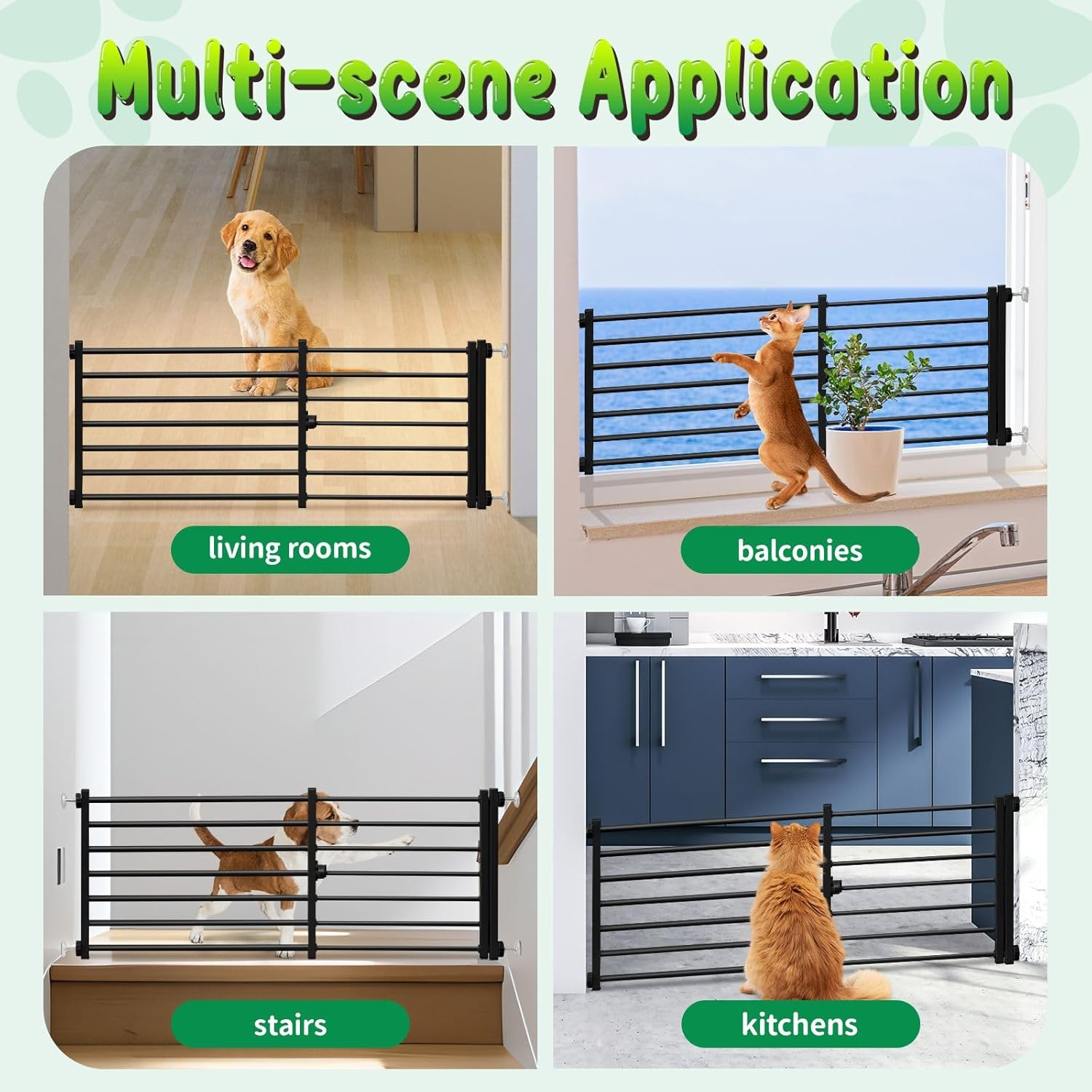 Pet Scene Dog Safety Gate Cat Fence Enclosure Safe Guard Doorway Stairs Security Barrier Retractable Puppy Low Containment Fencing, Adjustable from 60 to 108Cm