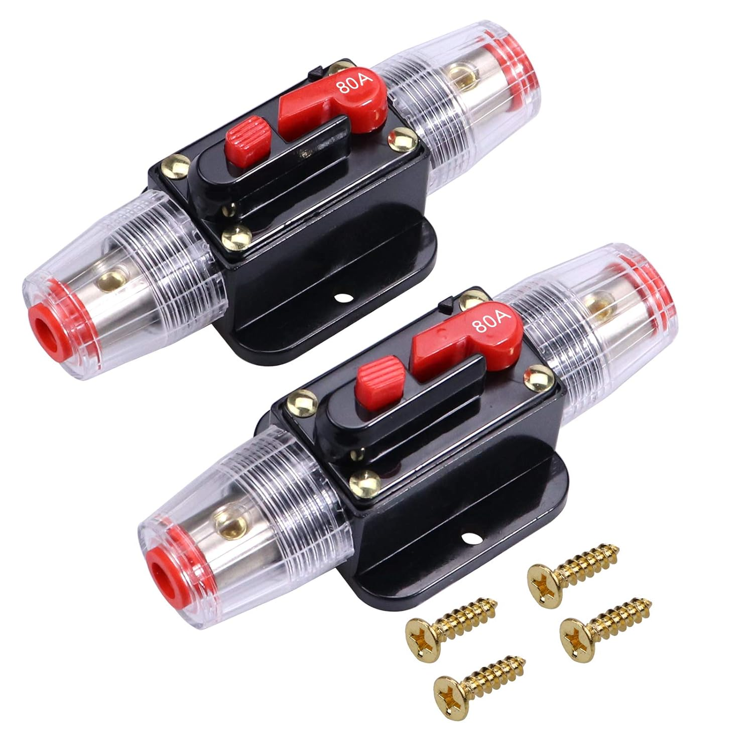 80 Amps Audio Inline Circuit Breaker Reset Fuse, 12V-24V DC Manual Reset Inline Fuse Holder for Car Marine Trolling Motors Audio, Stereo Switch and Solar Inverter System Protection 80A 2 Pcs