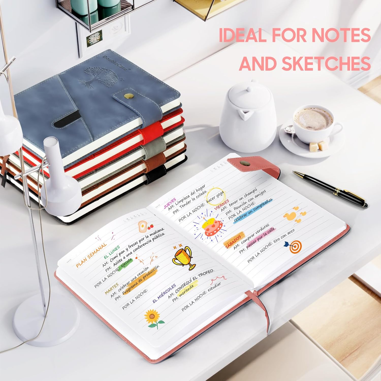 A5 Hardcover Vegan Leather with Divider, Hardcover Notebook with Pocket, Ruled Note Book Office School Supplies with Pen, Office, Business Trips, for Men Women (Pink) image number 3