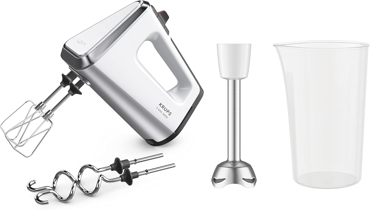 Krups GN9121 3 Mix 9000 Hand Mixer | 750 Watt | Speed Control | Turbo Mode | Ejection Function | Ergonomic Handle | Includes Whisk, Dough Hook, Pur&eacute;e Rod Attachment, Measuring Cup | White/Silver