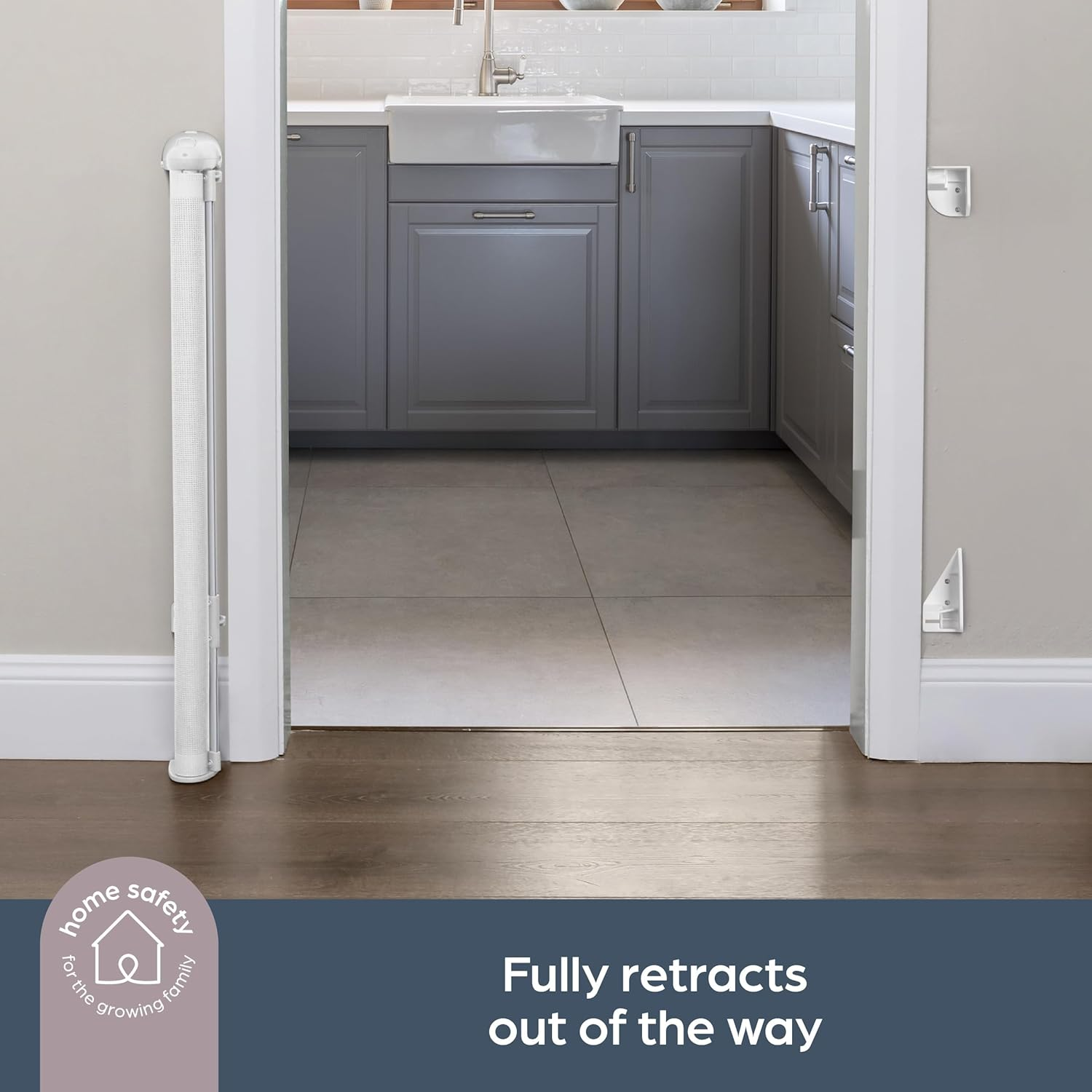 Dreambaby Retractable Safety Stair Gates for Baby, Dog Gate, Extra Wide Mesh Retractable Baby Gate Fits up to 140Cm, Tall 90Cm. 2X Ezy-Check Lock Indicators, Hardware Mounted Baby Gate (White) image number 4