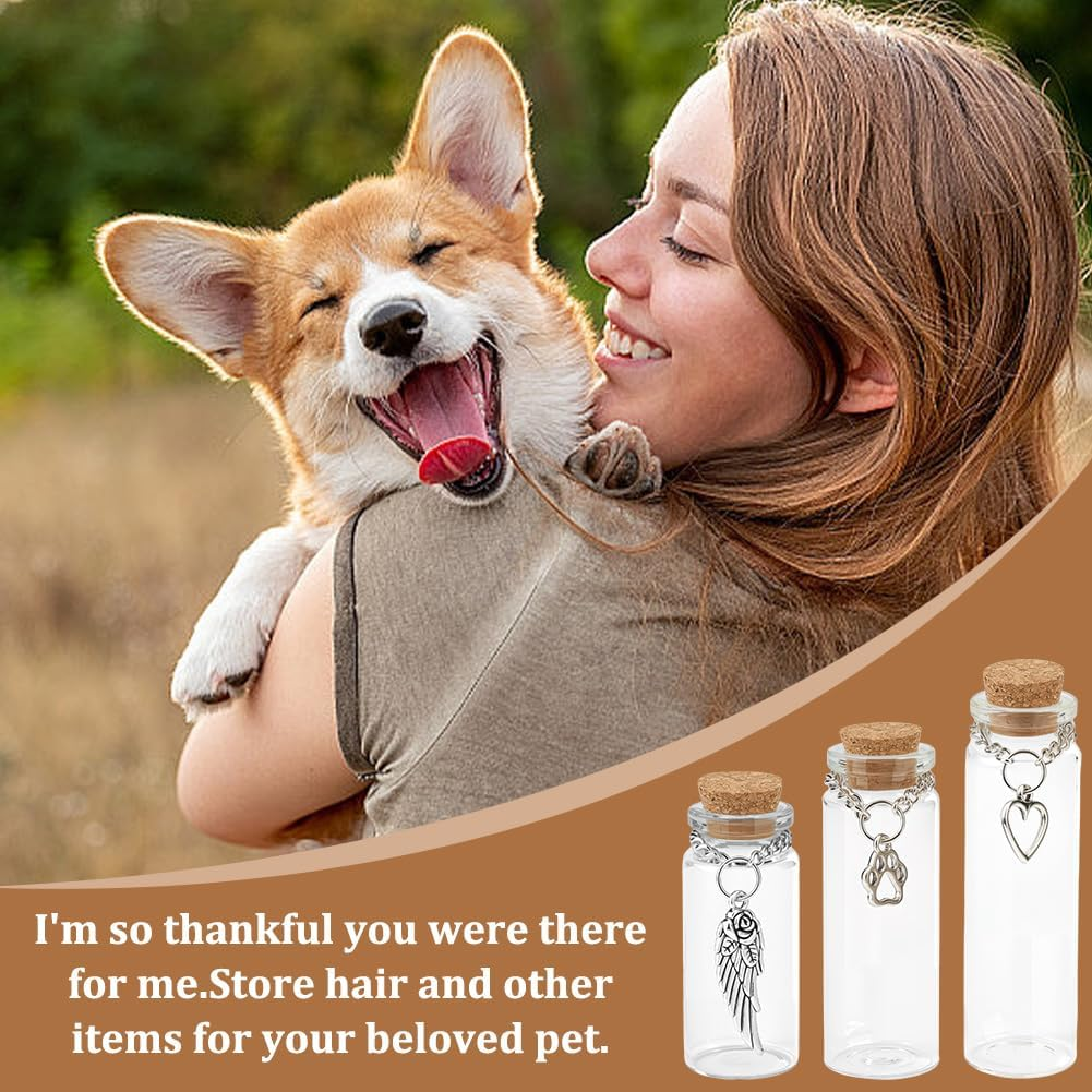 WEBEEDY 6 Pcs Pet Memorial Glass Bottles for Ashes Hair, 3 Sizes Small Glass Vial with Paw, Wing, or Heart Pendant for Dog or Cat Urns Teeth Keepsake Pet Loss Remembrance Sympathy Gift, 5/6/7Cm image number 3