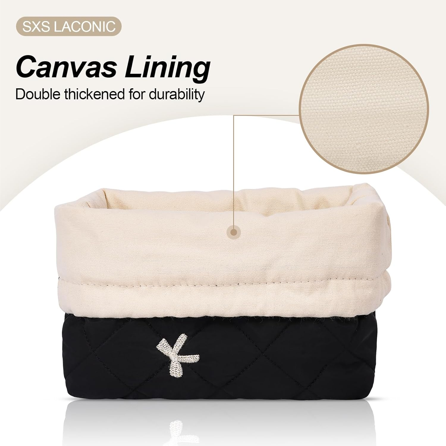 SXS LACONIC Drawstring Makeup Bag,Cotton Quilted Cosmetic Bag, Coquette Cute Organizer, Small Makeup Bag for Purse, Women Girls Portable Travel Cosmetic Pouch, Beige Bow image number 5