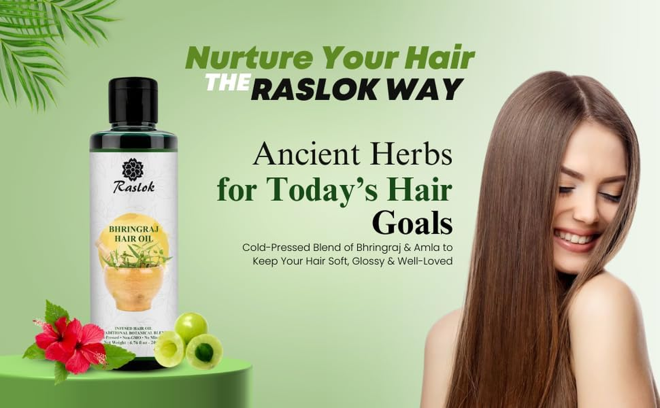 Raslok Bhringraj Hair Oil 6.76 Fl Oz &ndash;200Ml | Ayurvedic Botanical Blend with Amla, Neem, Hibiscus & Brahmi | Cold-Pressed | Non-Gmo | No Mineral Oil | Made in India image number 2