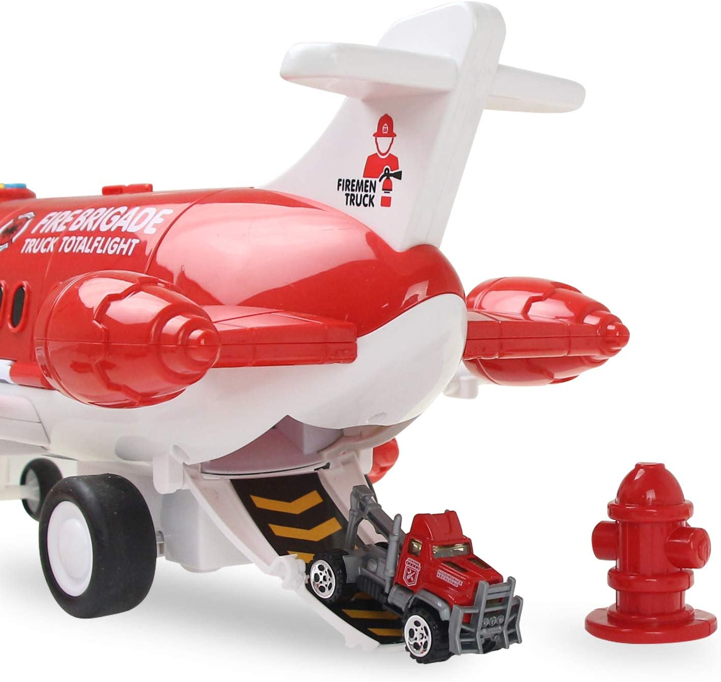 Coolplay Airplane Toy Car Set Red Airplane Light and Sound with Rescue Fire Trucks Road Signs Playmat for Kids Boy Toys image number 4