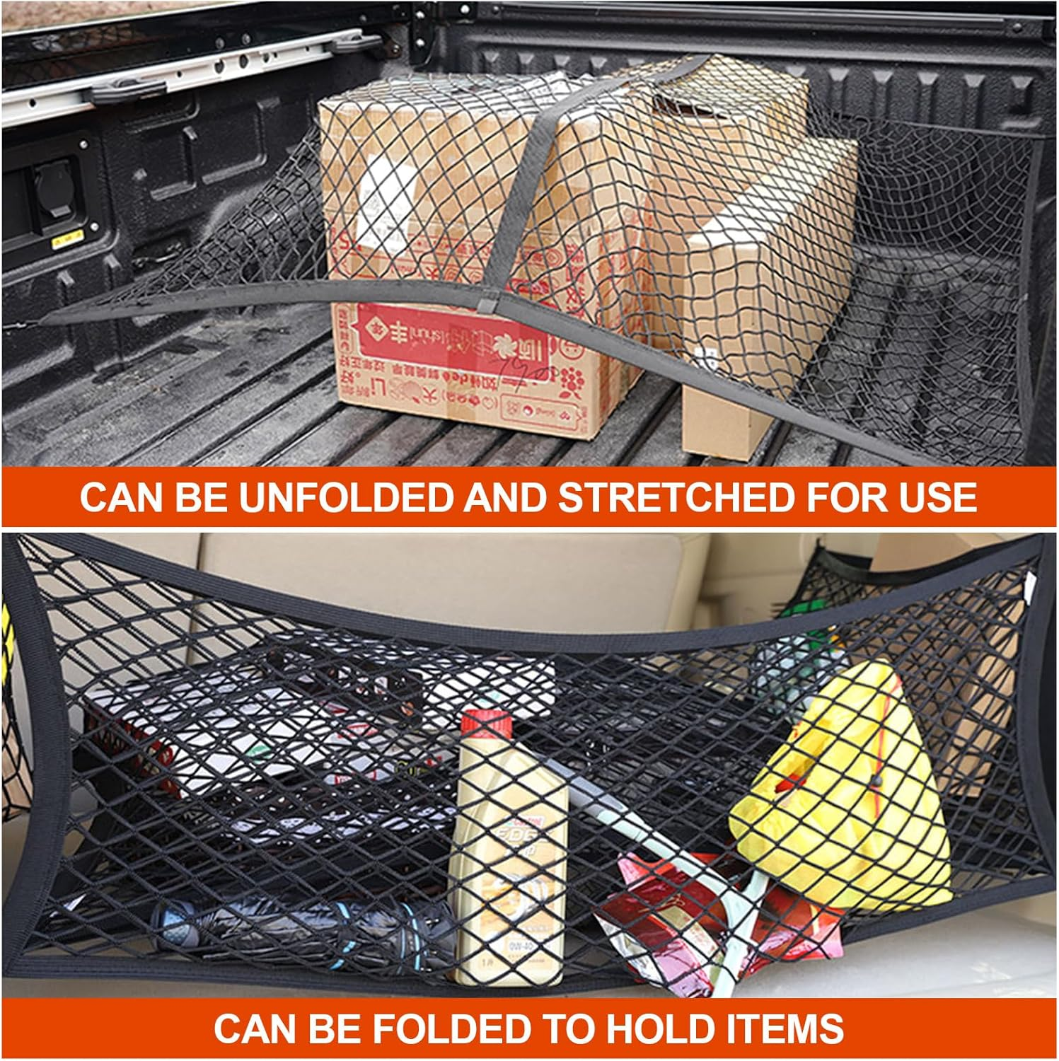 Cozy Core Upgraded 8-Hook Elastic Truck Bed Cargo Net, Adjustable 4X4Ft to 8X8Ft, Heavy-Duty Stretchable Design for Dodge Ford Chevy Pickups SUV Racks, Includes ABS Carabiners & Work Gloves image number 4