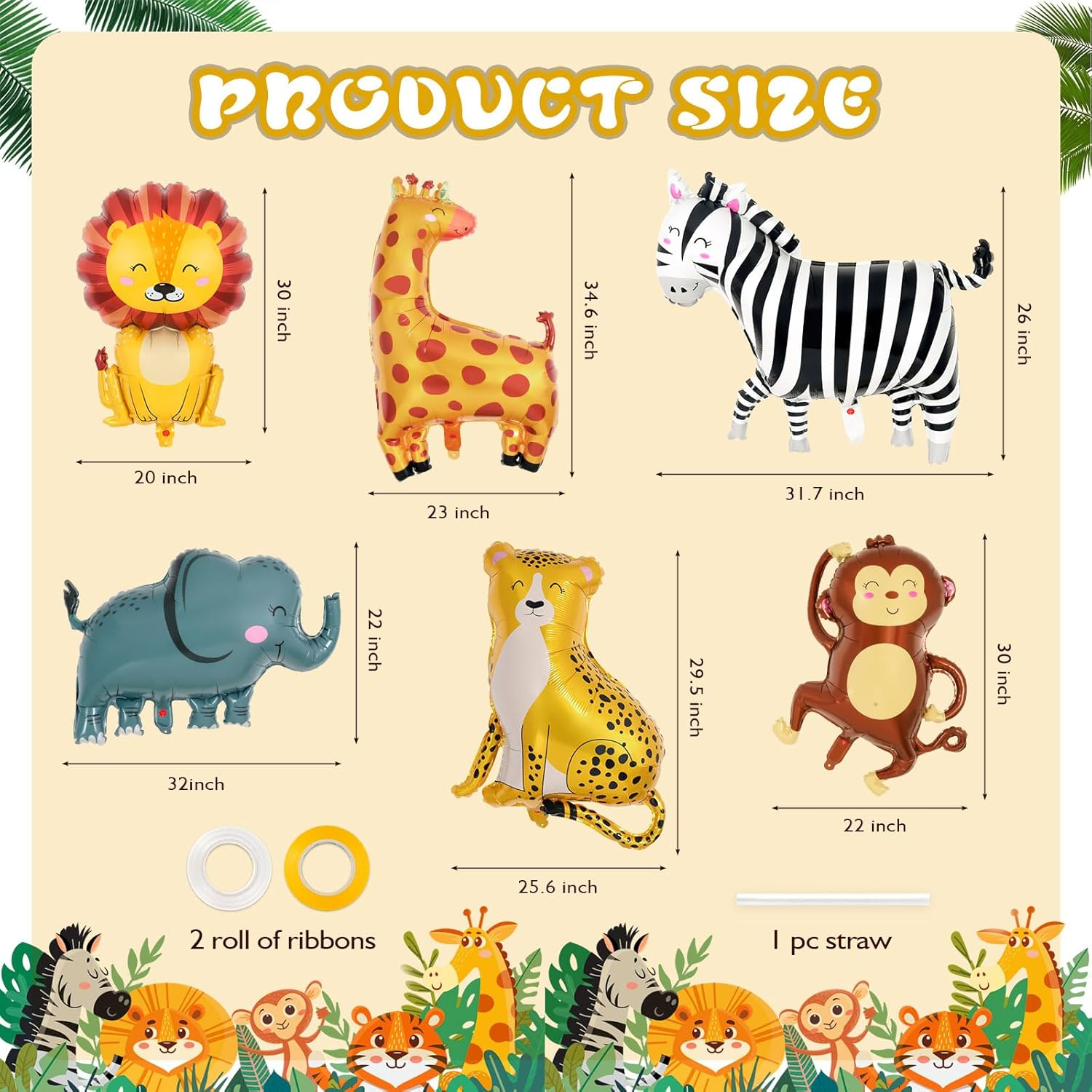 6 Pcs Jungle Safari Animals Foil Balloons,Giant Zoo Animal Balloons Zebra Elephant Monkey Lion Giraffe Leopard Shaped Animal Balloons for Wildlife Theme Birthday Party Decorations image number 5
