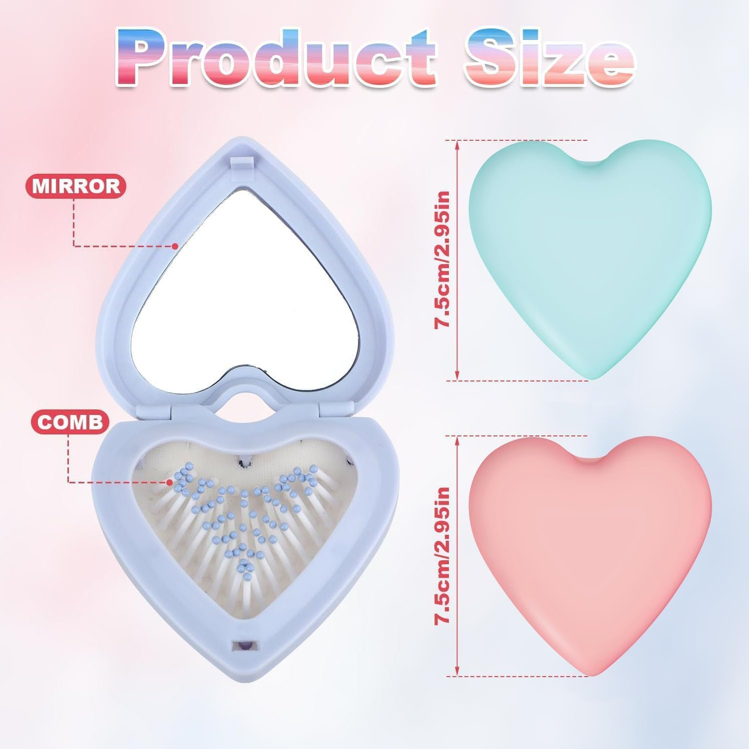 Linyongc Heart-Shaped Foldable Hair Brush with Mirror, 4-Piece Set, Gently Detangles Hair, Plastic & Nylon Bristles image number 2