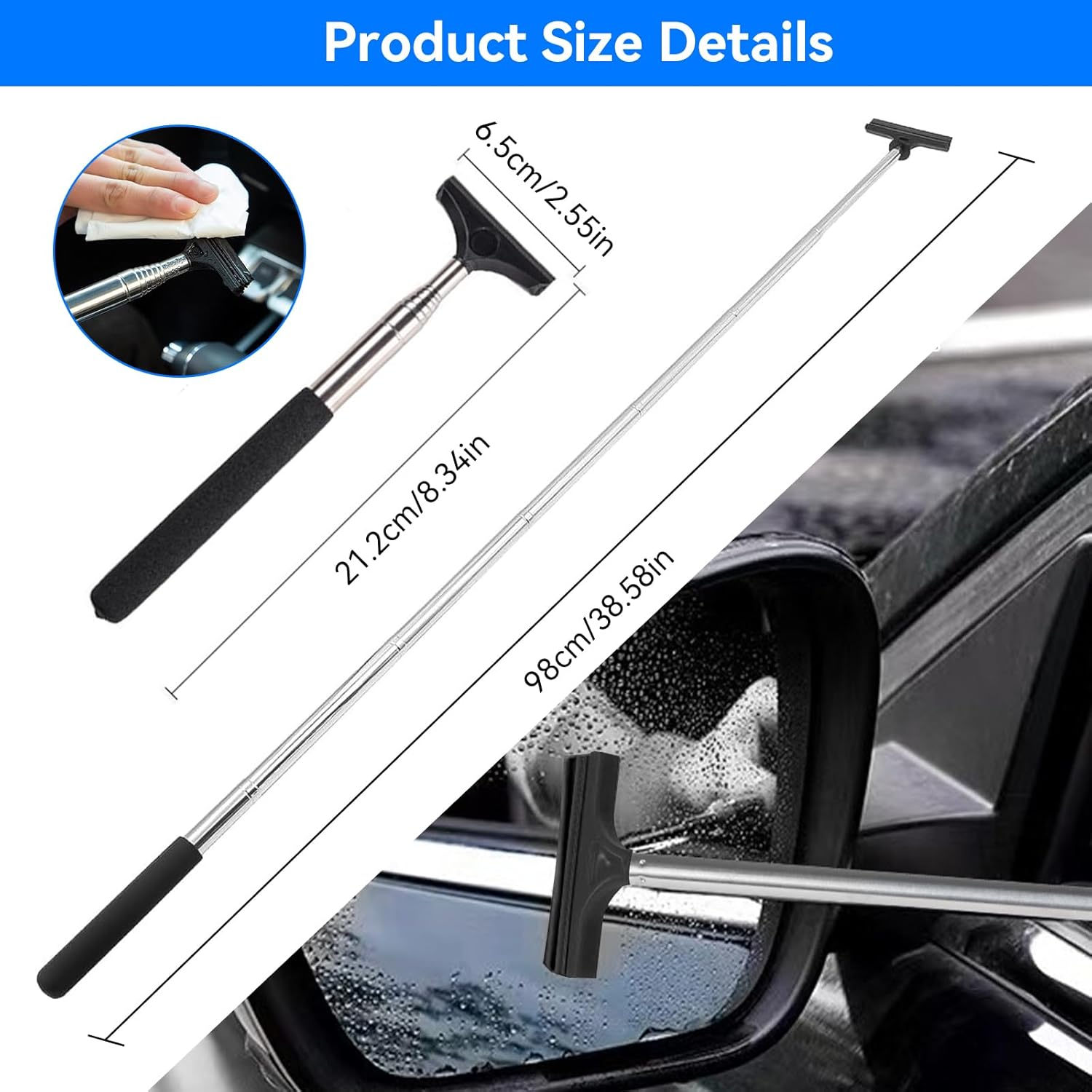 2PCS Retractable Rear View Mirror Wiper, Extendable Squeegee for Car Side Mirrors Rearview Wiper Wing Mirror, Cleaner Windshield Cleaning Tool Rainy, Car Exterior Care Supplies Wipers Blade (Black) - Pink image number 5