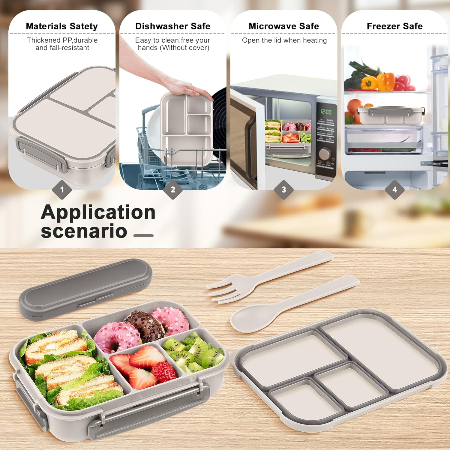 Lunch Box Kids,Bento Box Adult,Leakproof Lunch Containers for Adults/Kids/Toddler,1200Ml-4 Compartments Bento Lunch Box with Utensil,Microwave & Dishwasher & Freezer Safe (White) image number 2