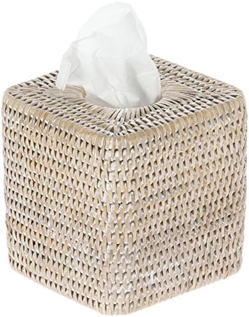 KOUBOO La Jolla Rattan Square Tissue Box Cover, White Wash, Wicker, 13.97 X 13.97 X 14.61 Cm