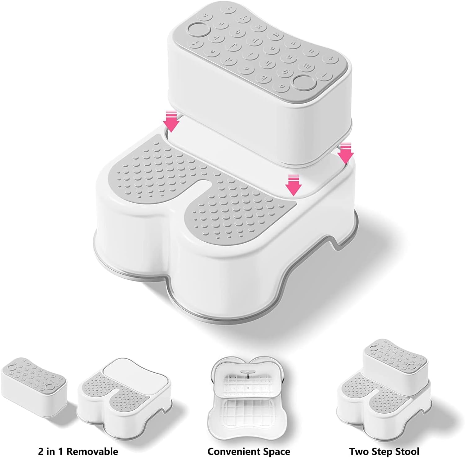 Uandhome 2 in 1 anti Step Stools for Kids and Adults, Toddler Step Stool for Toilet Potty Training, Detachable Potty Stools with ABC and Handles, Anti-Slip Stackable Double up Two Foot Step Stool for Bathroom, Kitchen Toilet Potty (Grey) image number 1