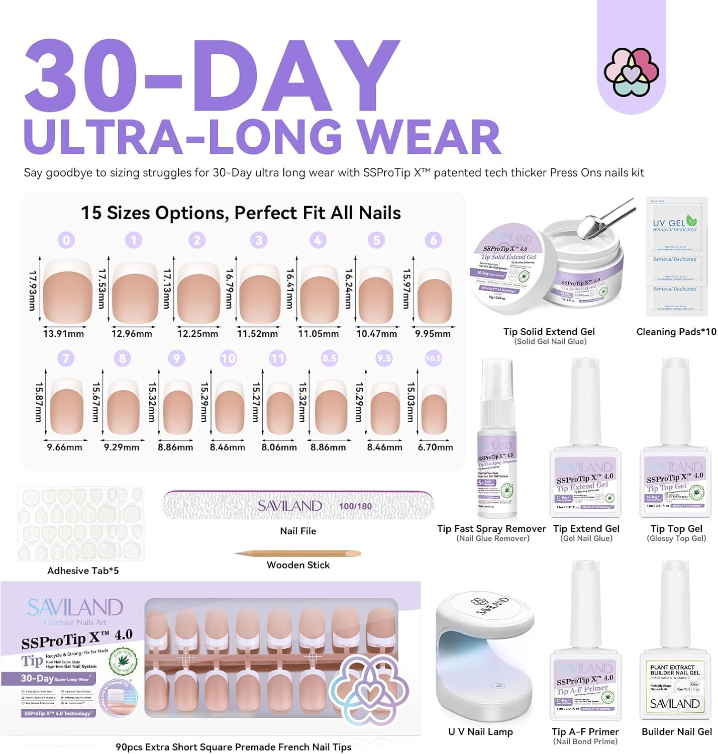 SAVILAND French Gels Nail Kit: Long-Lasting Extra Short Square Press on Nails DUO Thick & Perfect Nude French Gels Tips Chip-Free Sturdy-Fit Solid Nail Glue Gel U V/LED Lamp Nail Supplies