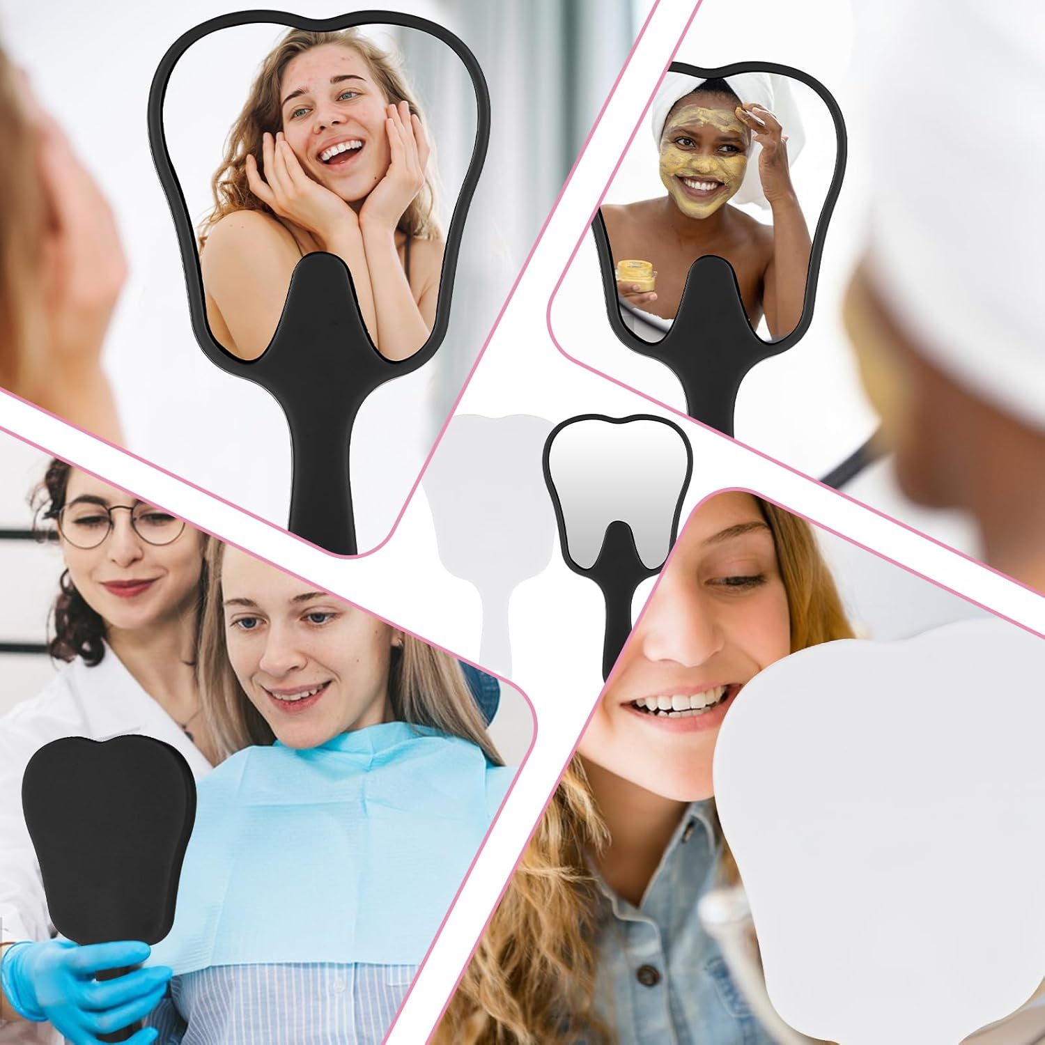 Gjinxi Tooth Shaped Handheld Mirror 2 Pcs Makeup Mirrors with Handle Portable Cosmetic Mirror Cute Dental Mirrors Single Sided Vanity Mirror Travel Looking Glass Reflector Tool for Daily Women - White, Pink image number 4