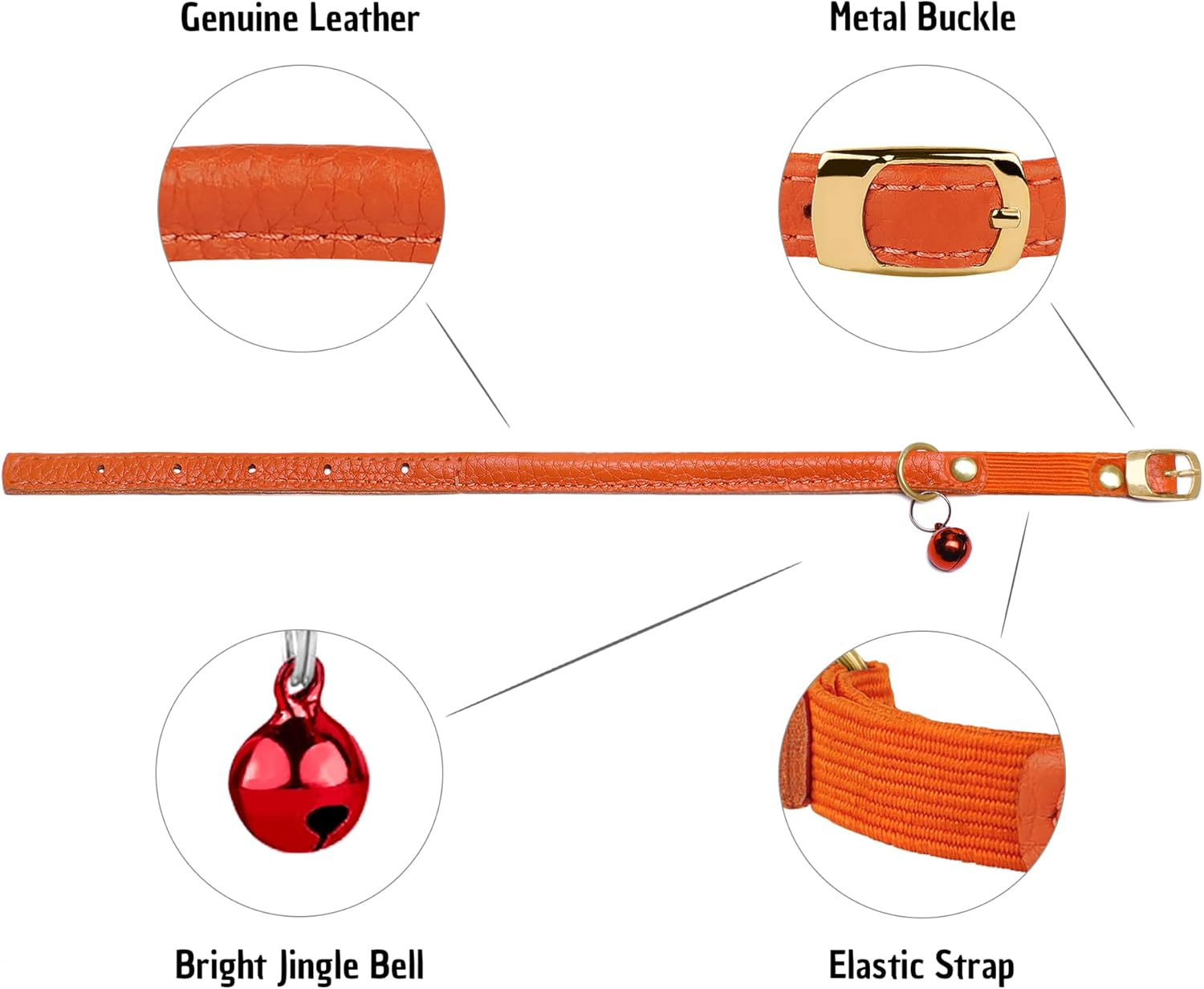 Murom Rolled Leather Cat Collar with Elastic Strap Safety Adjustable Pet Collars for Cats Kitten Yellow Red Pink Blue Orange Brown Gray (Orange) image number 6