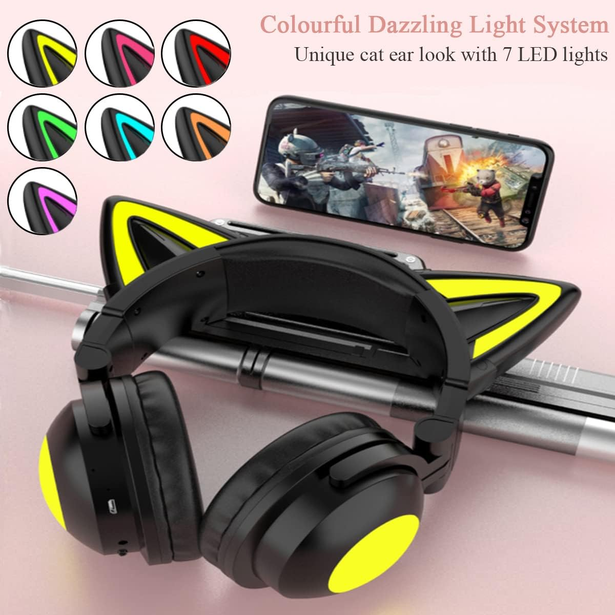 Bluetooth Headphones, Cat Ears LED Wireless Gaming Headset Children'S Headphones Bluetooth Stereo Headset Foldable Cat Ears Over-Ear Headsets with Adjustable Microphone for Smartphones/Laptop/Tablet image number 6
