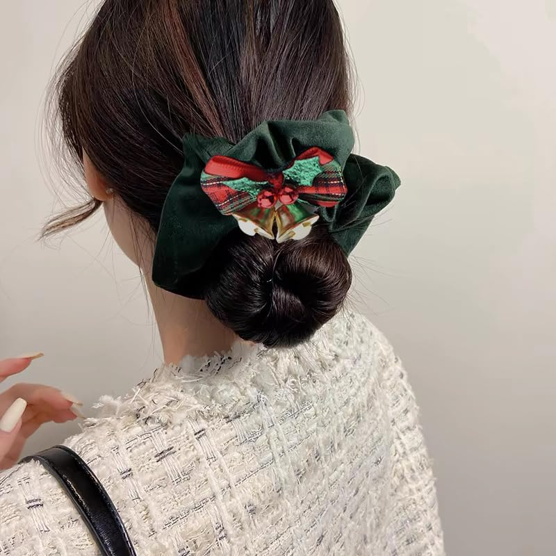 Xmas Christmas Hair Scrunchies for Women Holiday Christmas Hair Ties Christmas Hair Bands Accessories for Women'S Hair Red Green Hair Scrunchie Bell Christmas Ponytail Holder Bow Tip Hair Ties 2Pcs image number 5