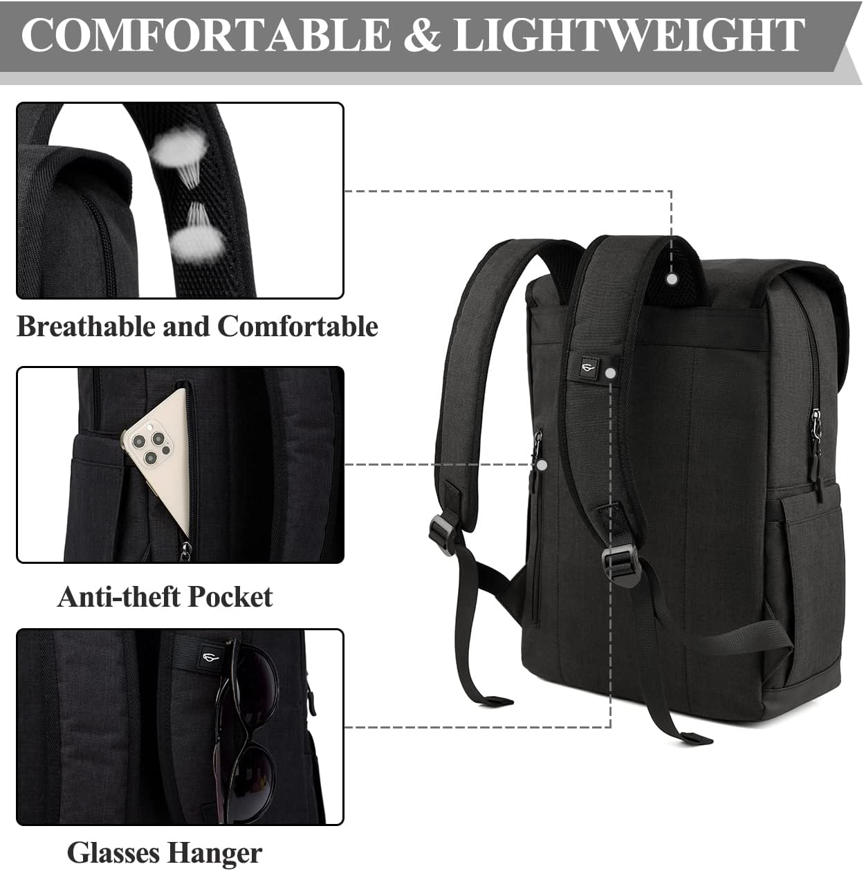 Laptop Backpack for Men Women,Vaschy Vintage Water Resistant Backpack Fit 15.6 Inch Casual Daypack for Business,College,Travel image number 2