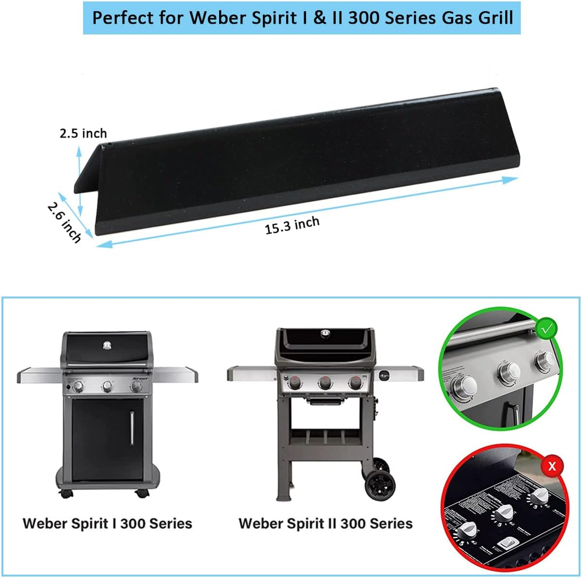 7636 Flavorizer Bars for Weber Spirit and Spirit II & GS4 Spirit II 300 Series, Spirit E310 E320 E330 S310 S320 S330 Gas Grill with Front Control Knob, 15.3 Inch Heat Plate for Weber 67046 69797 68843 image number 2