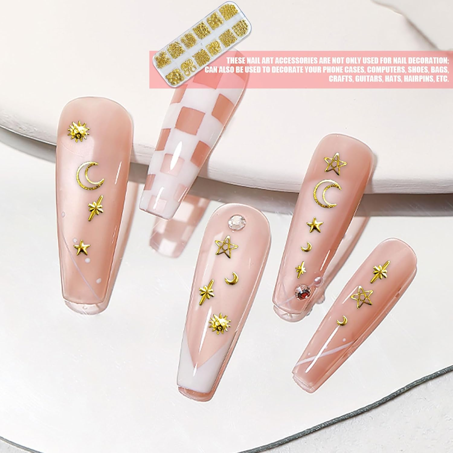 Gold Silver Nail Charms, 2 Boxes 24 Grid Star Heart Flowers Bows Nails Charm Nail Studs, Punk Metal Alloy Nail Gemstone Bow Knot Moon Decoration Accessories for Nail Design DIY Crafts image number 1