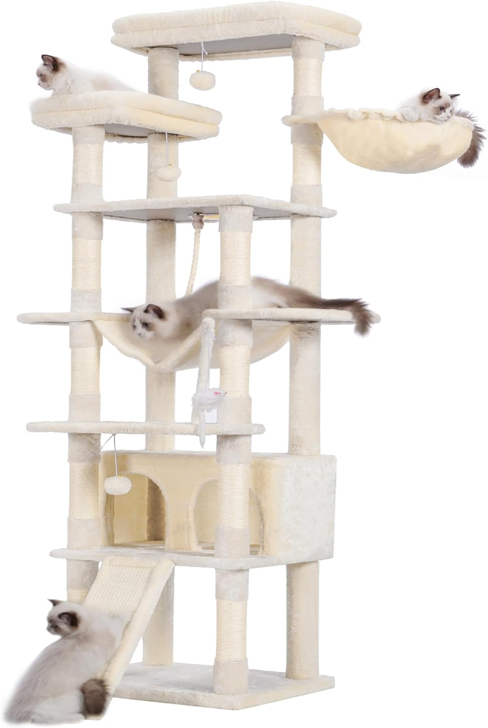 Heybly Tall Cat Tree,78 Inch Multi-Level Cat Tower for Indoor Cats,2 Widened Plush Perches Cat Condo with Scracthing Board and Big Caves,Beige HCT033M