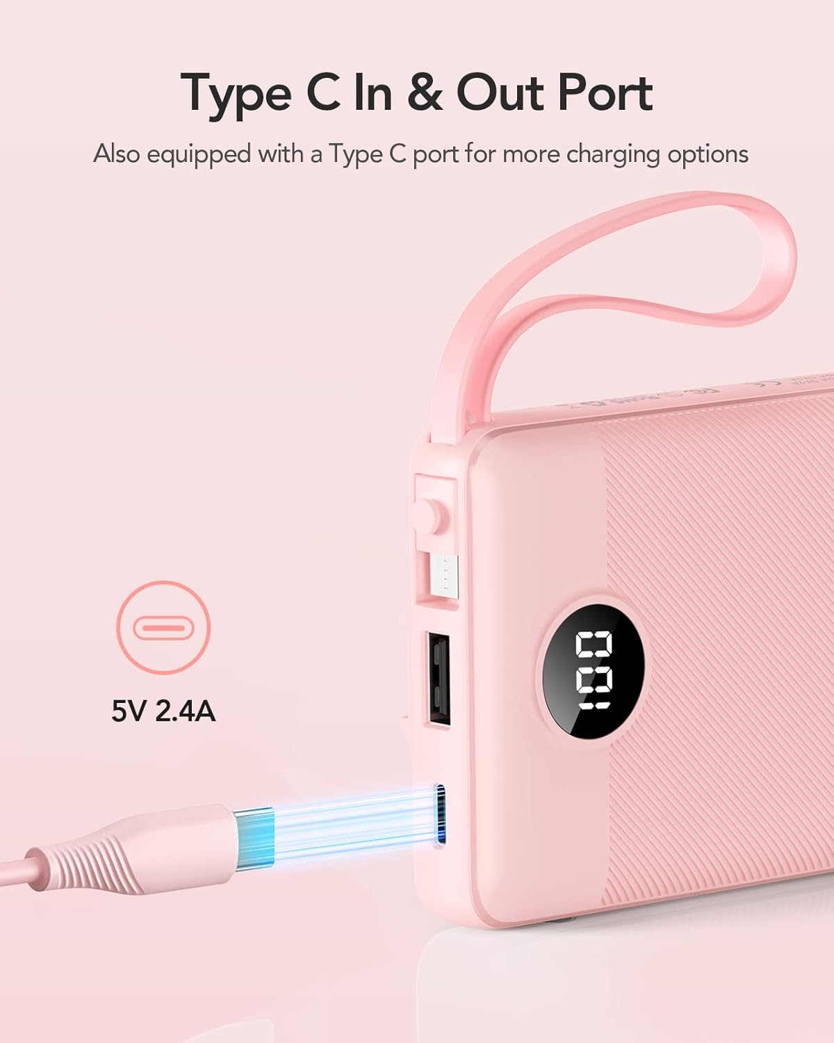 Portable Charger 10000Mah,Vrurc Power Bank with Built-In Cables, 5 Output 2 Input Cell Phone Battery Pack, Slim LED Display, USB C Phone Charger Compatible with Iphone,Samsung,Android Etc-Pink - Green image number 4
