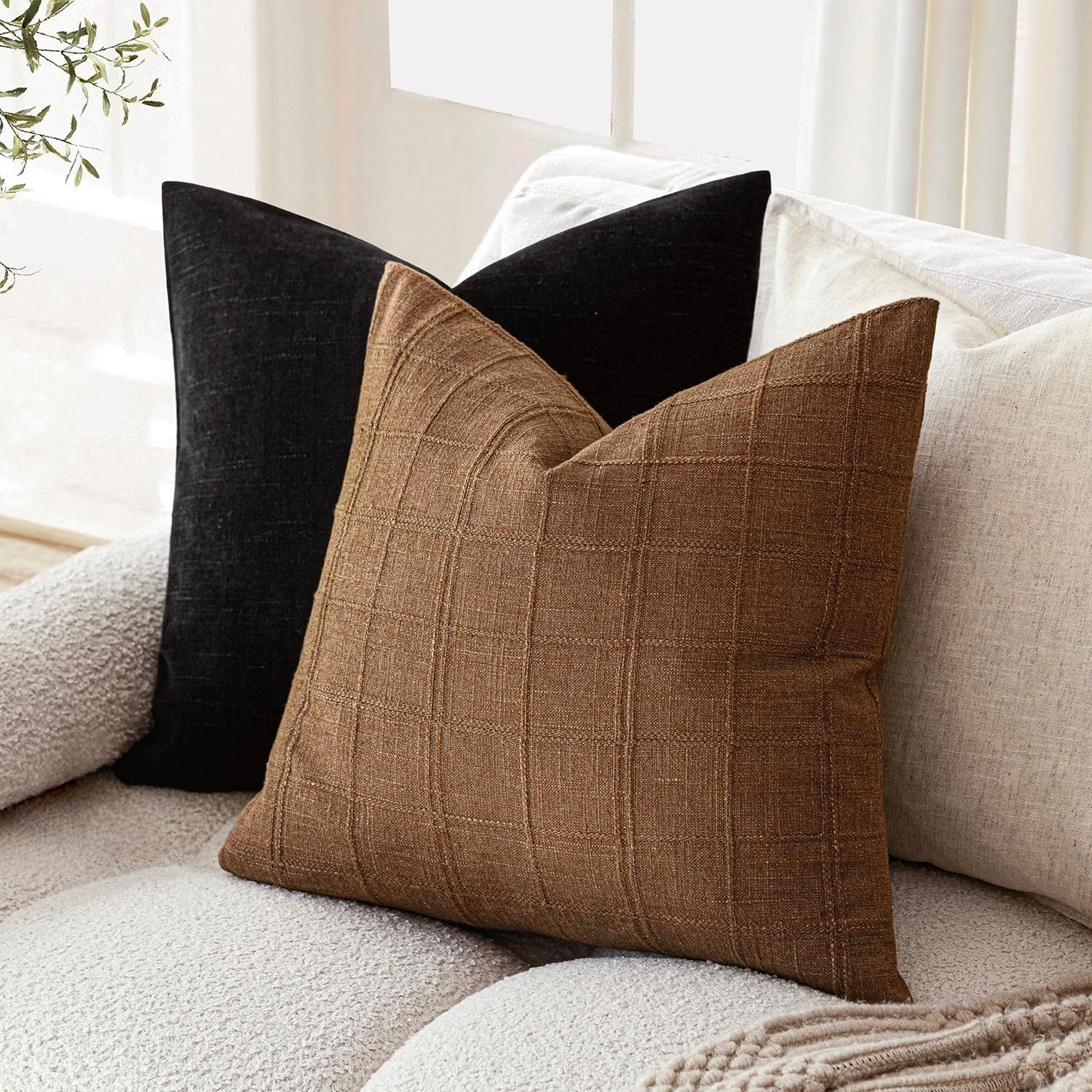 Throw Pillow Covers 20X20 Inch - Brown Linen Plaid Checkered Decorative Pillow Covers for Couch, Bedroom, Sofa - Neutral Rustic Farmhouse Boho Organic Modern Home Decor (Set of 2) image number 2