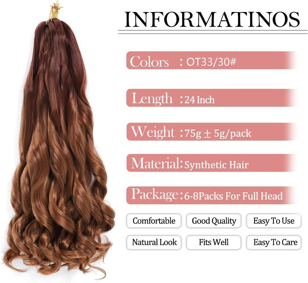 Wowcfyyds 8 Packs French Curl Braiding Hair 24 Inch Loose Wave Spiral Curly Braiding Hair Extensions 75G/Pack Soft French Curls Synthetic Hair Extensions for Braiding（33/30#） image number 2