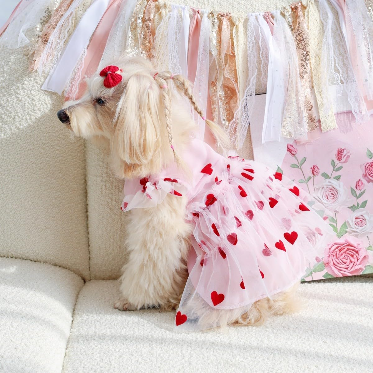 Small Dog Dresses Heart Print Dog Cat Wedding Dress Puppy Tulle Dress Doggie Tutu Skirt Cat Outfit Pet Costume for Clothes (Pink, S) image number 6