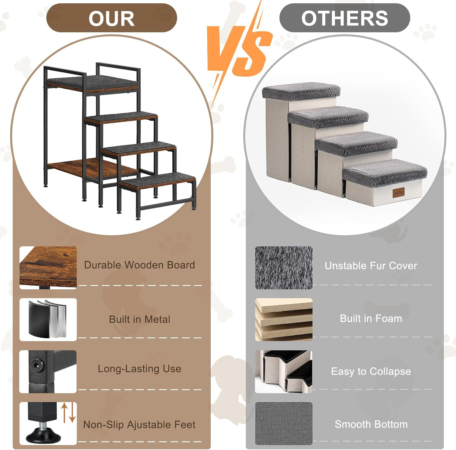 CADUKE Dog Steps 63Cm High for Bed & High Sofa, Pet Dog Steps with Ajustable Feet, Non-Slip Dog Stairs for Small Medium Dogs and Cats, Easy Assembly image number 6