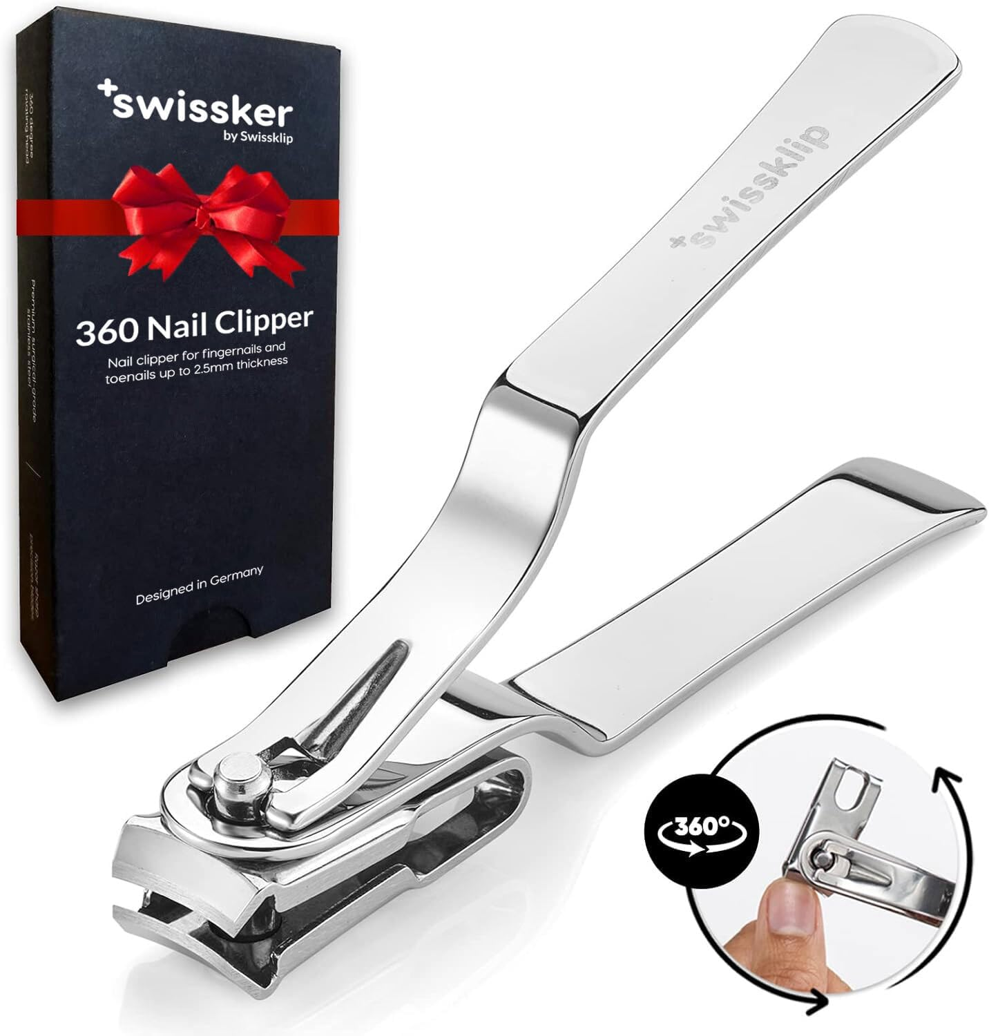 Swissklip Nail Clippers for Men & Women I White Elephant Gifts | Finger Nail Clippers for Adult with 360 Degree Rotating Head I Fingernail Clippers for Women I Surgical-Grade Stainless Steel Material image number 1