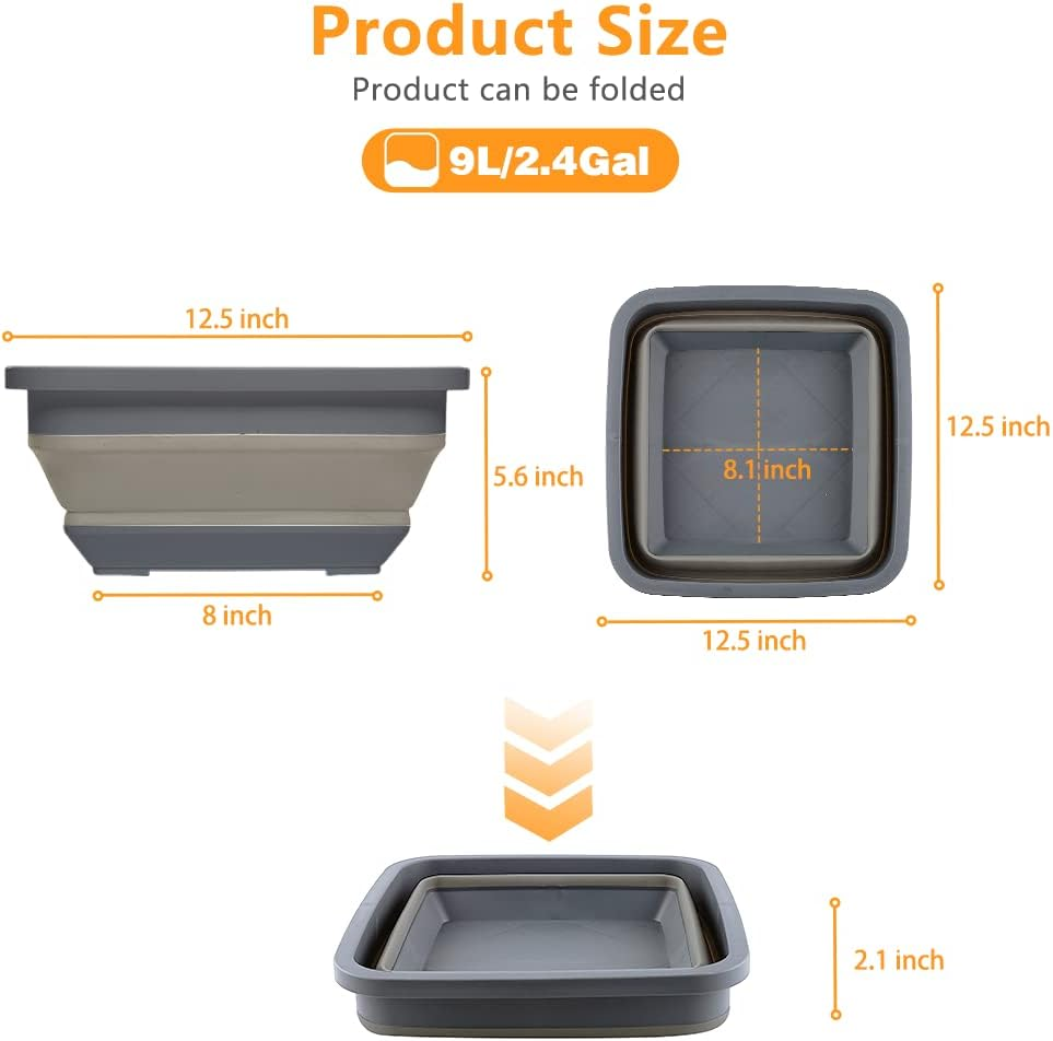 Collapsible Multipurpose Plastic Dish Basin, Space-Saving Outdoor Multiuse Foldable Ice Bucket for Camping,Hiking,Fashing (Black-Square) - Dishpan+Bucket image number 6