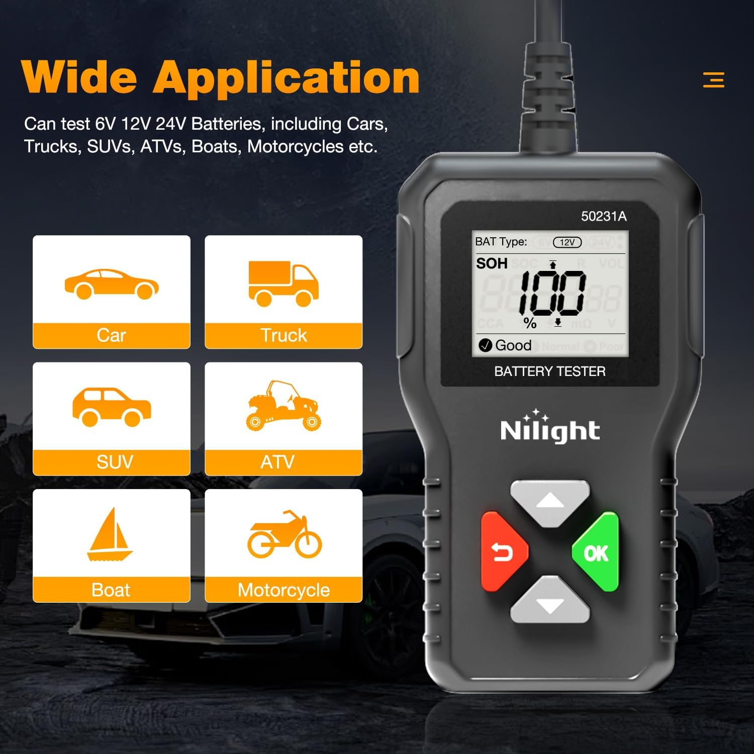 Nilight Car Battery Tester 6V 12V 24V Accurate Digital Auto Analyzer 100-2000 CCA Voltage SOH SOC Internal Resistance Test for Cars Trucks SUV ATV Boats Motorcycles Vehicle image number 2